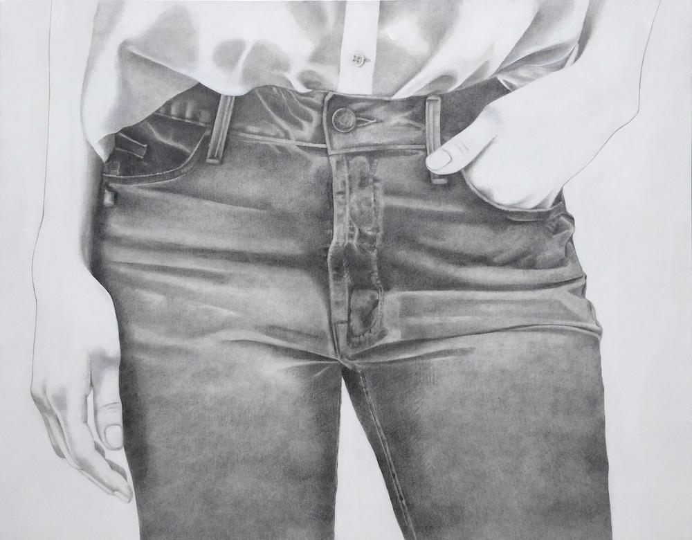 Andrea Stajan-Ferkul Figurative Painting – Ohne Titel 60"x48" - Jeans, Schwarz-Weiß-Gemälde, Acryl, Bleistift)