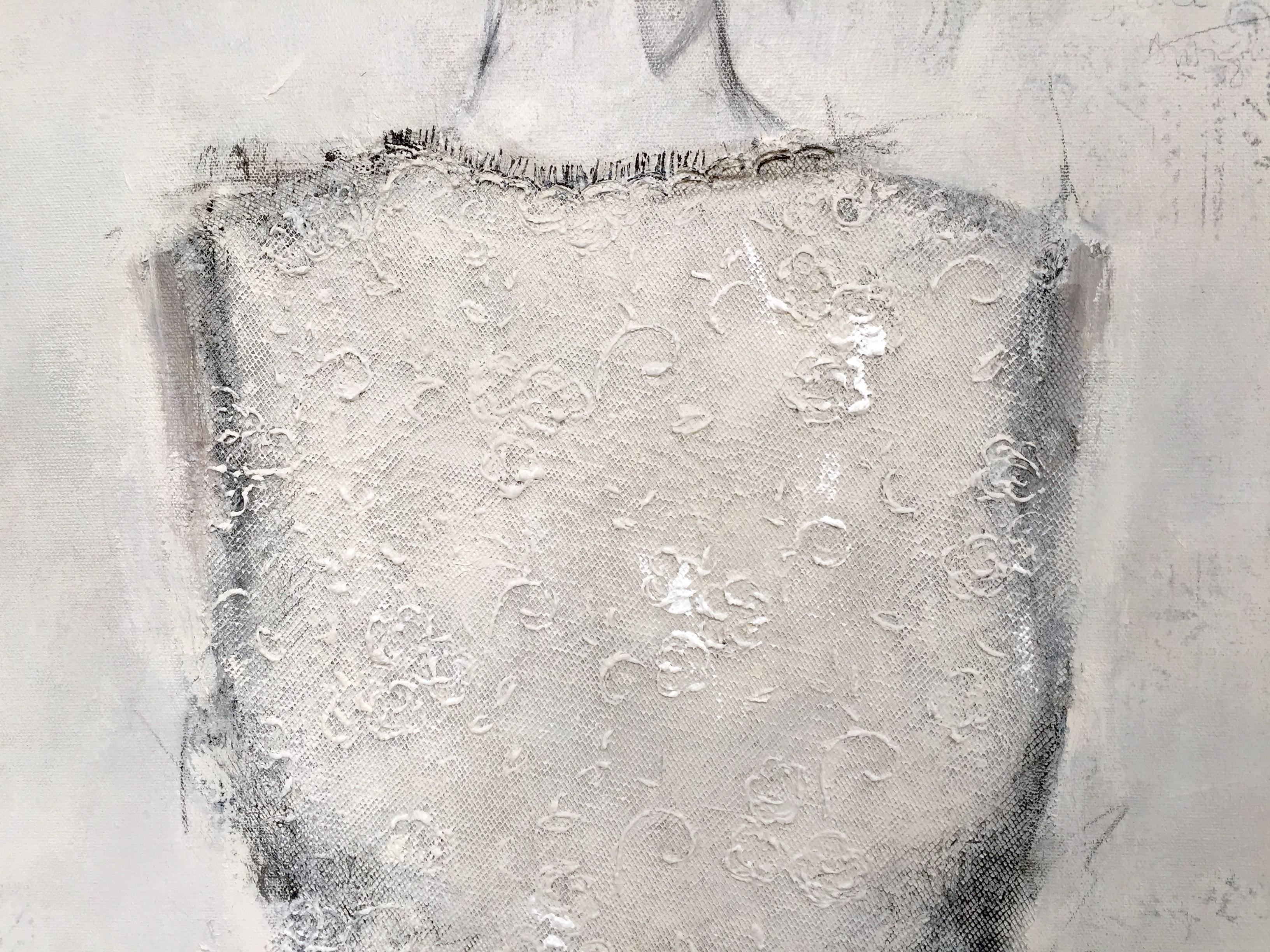 This dress painting features an interplay of paint and textile with an outcome both expressive and refined. Through the process of adding and subtracting, textures and tone on tone layering create depth and movement. The combination of delicate