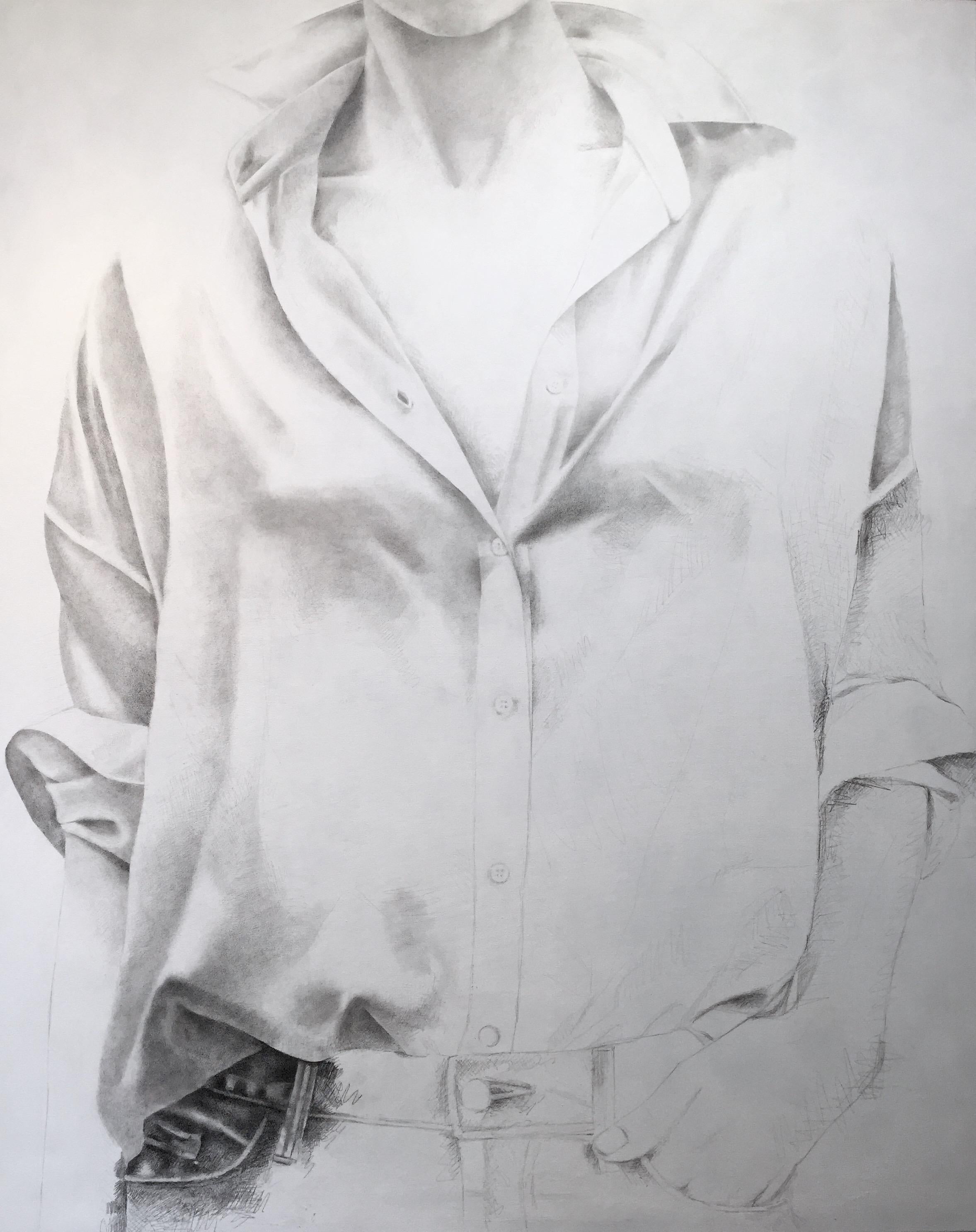 Figurative Painting Andrea Stajan-Ferkul - Untitled (White Shirt), 48 "x60", peinture acrylique et crayon, noir et blanc