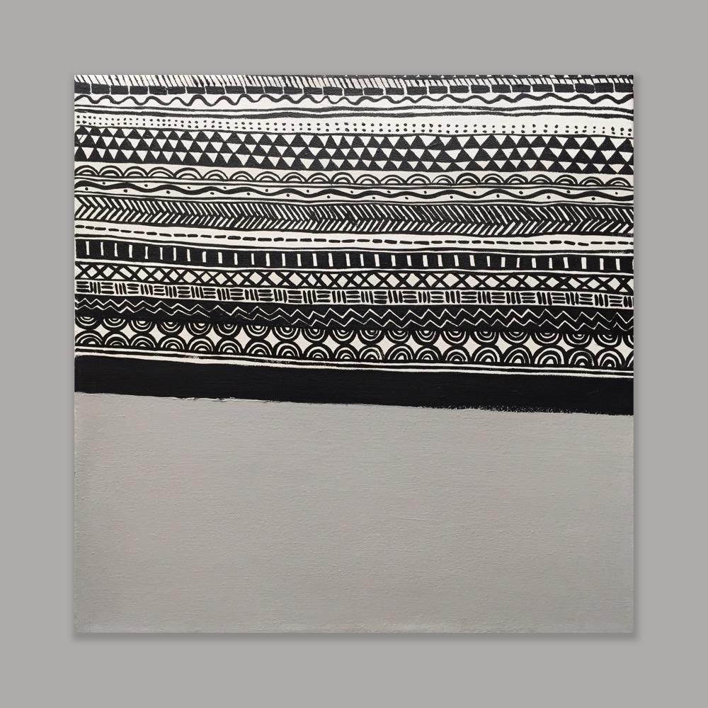 This abstract painting on canvas puts emphasis on pattern and composition. High contrasting, geometric sequences keep the eye engaged. Rows of mixed patterns create a rhythmic composition, inviting the viewer to engage in an immediate, purely visual