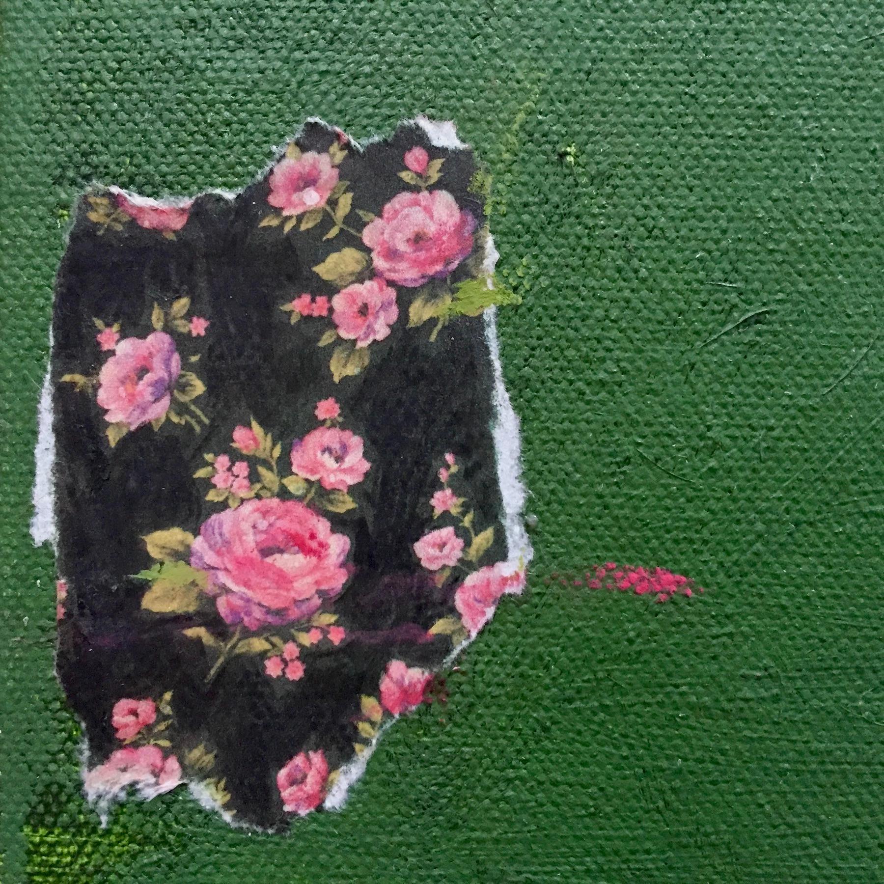 Wandblume (5 Zoll x 7 Zoll, grün, rosa, schwarz, weiß, florales abstraktes Gemälde) – Painting von Andrea Stajan-Ferkul