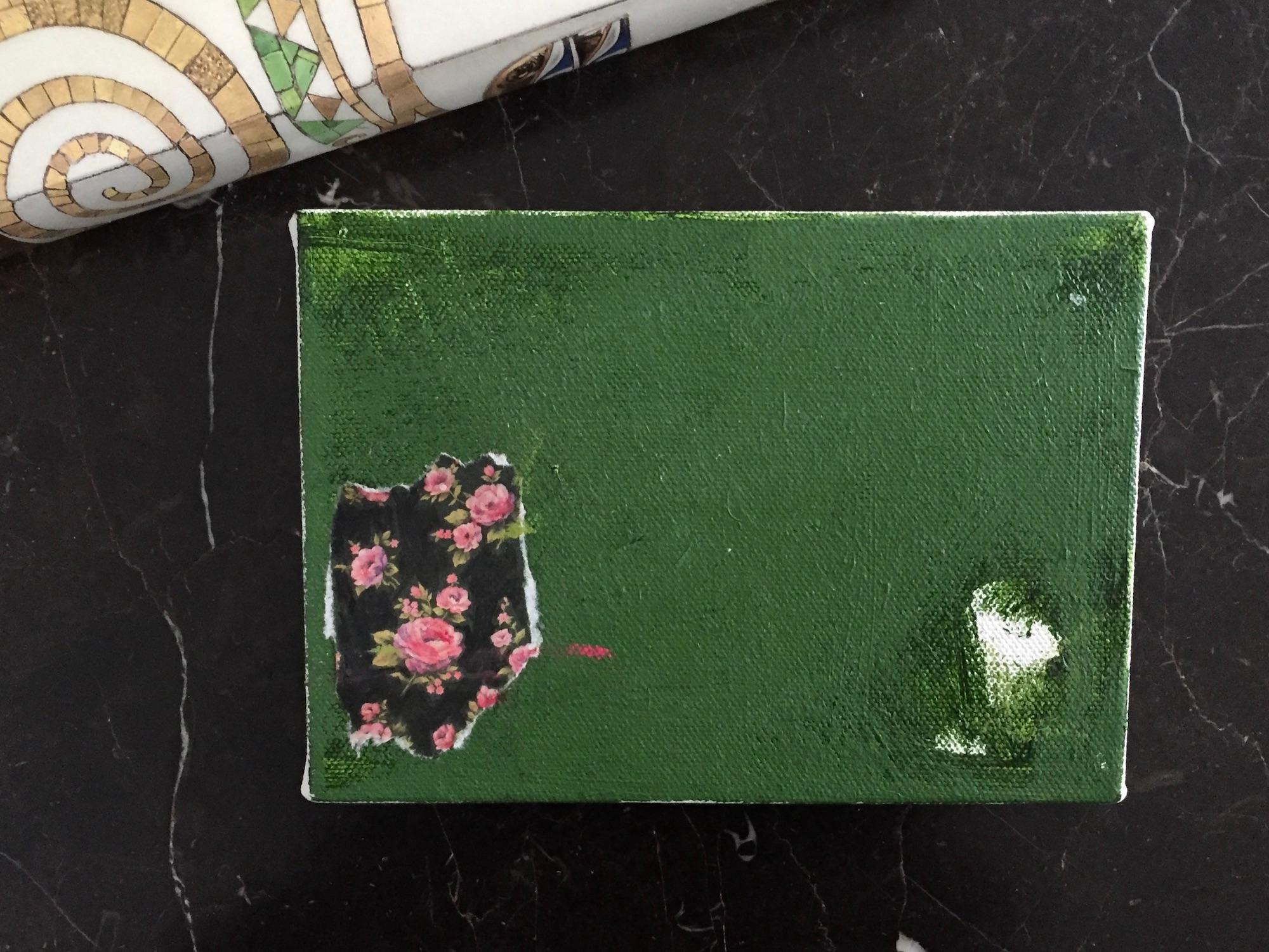 In this delicate small work, the combination of paint, pastel and collage build up an impressionistic scene with the focus remaining on strong composition. Pink and black against a vibrant green background along with a pop of contrasting white