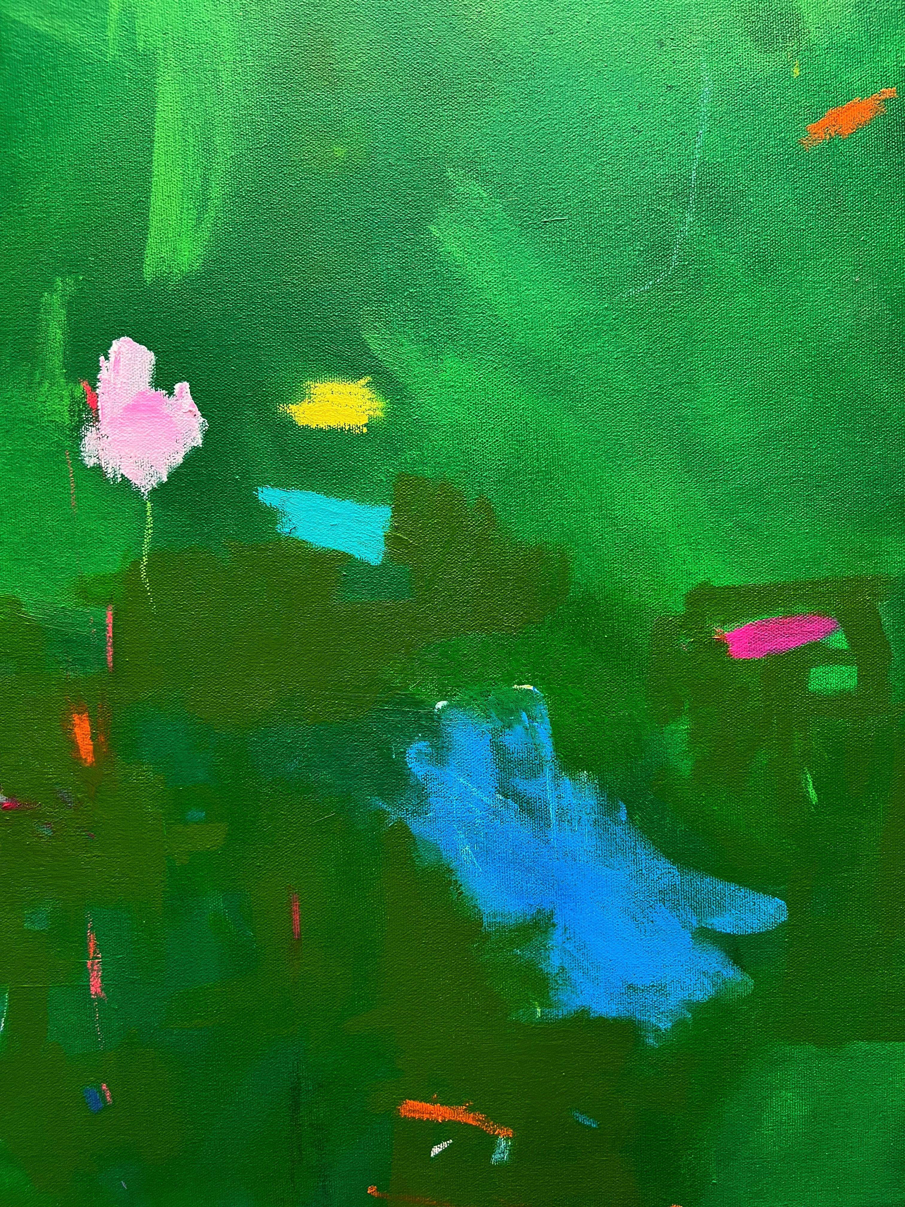 Whispers Of Spring - 16 "x20" Abstrahierte Tulpen, Grün, Blau, Farbe – Art von Andrea Stajan-Ferkul