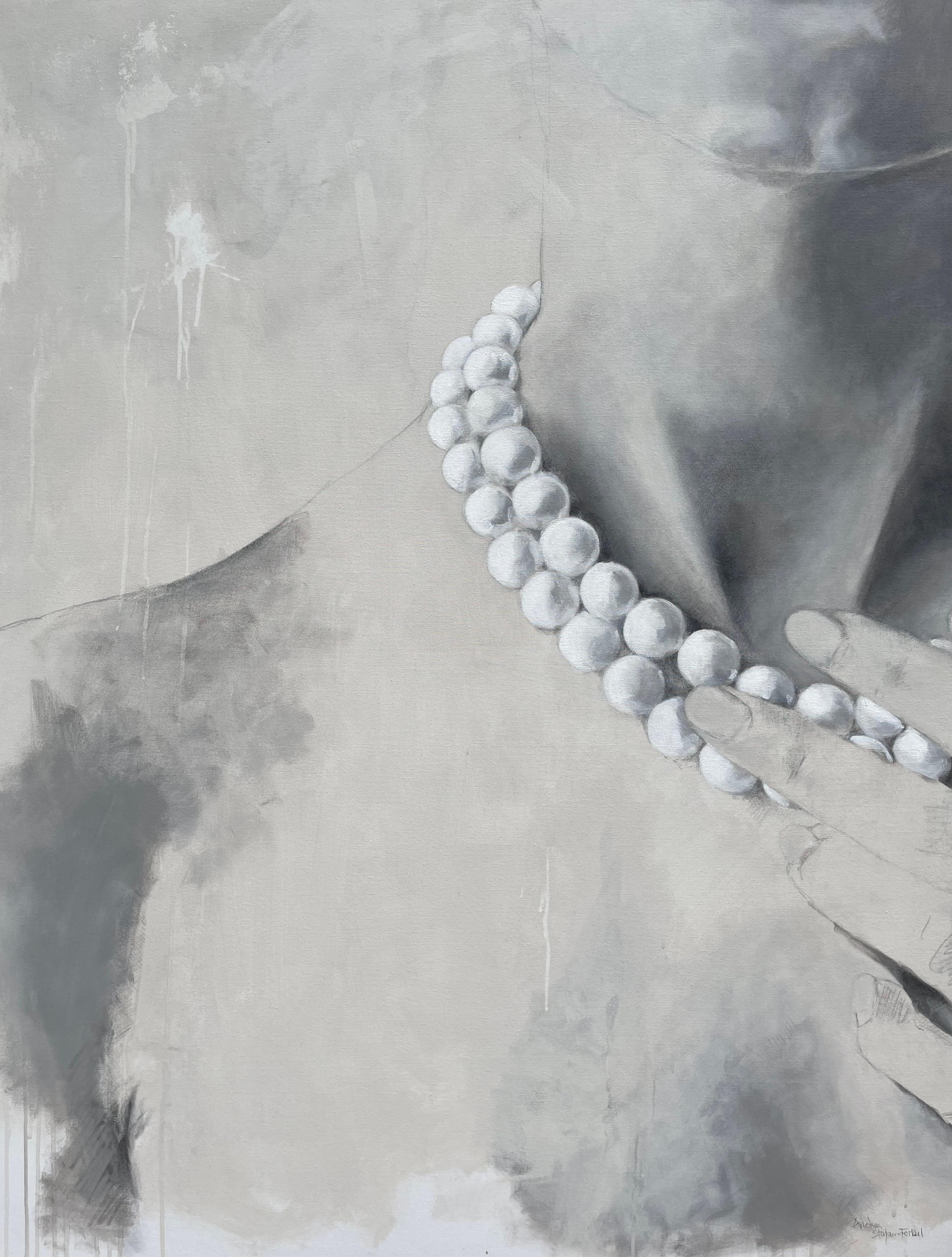 Wrap Yourself Around Me, 48"x60", perles, blanc, beige, gris, peinture - Art de Andrea Stajan-Ferkul