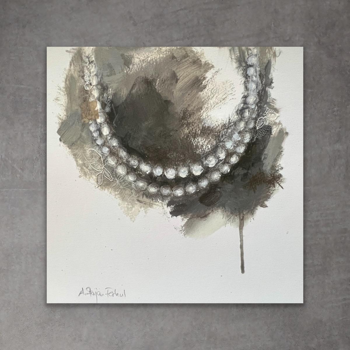 Always Pearls, 8"x8", Giclée Print W/ Hand Embellishments, Black And White, Grey