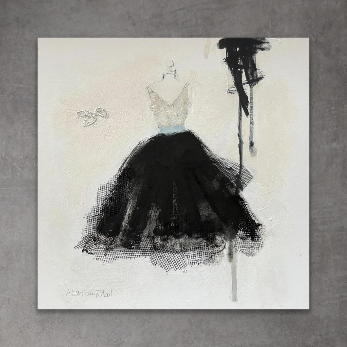 Andrea Stajan-Ferkul Figurative Print – Dance Night, 8 "x8", Giclée-Druck mit handgemalten Verzierungen, schwarz und weiß