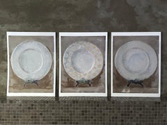 Dinner Party - 3 Art Prints, 11"x14" Each, Still Life White Plates, Beige/Green
