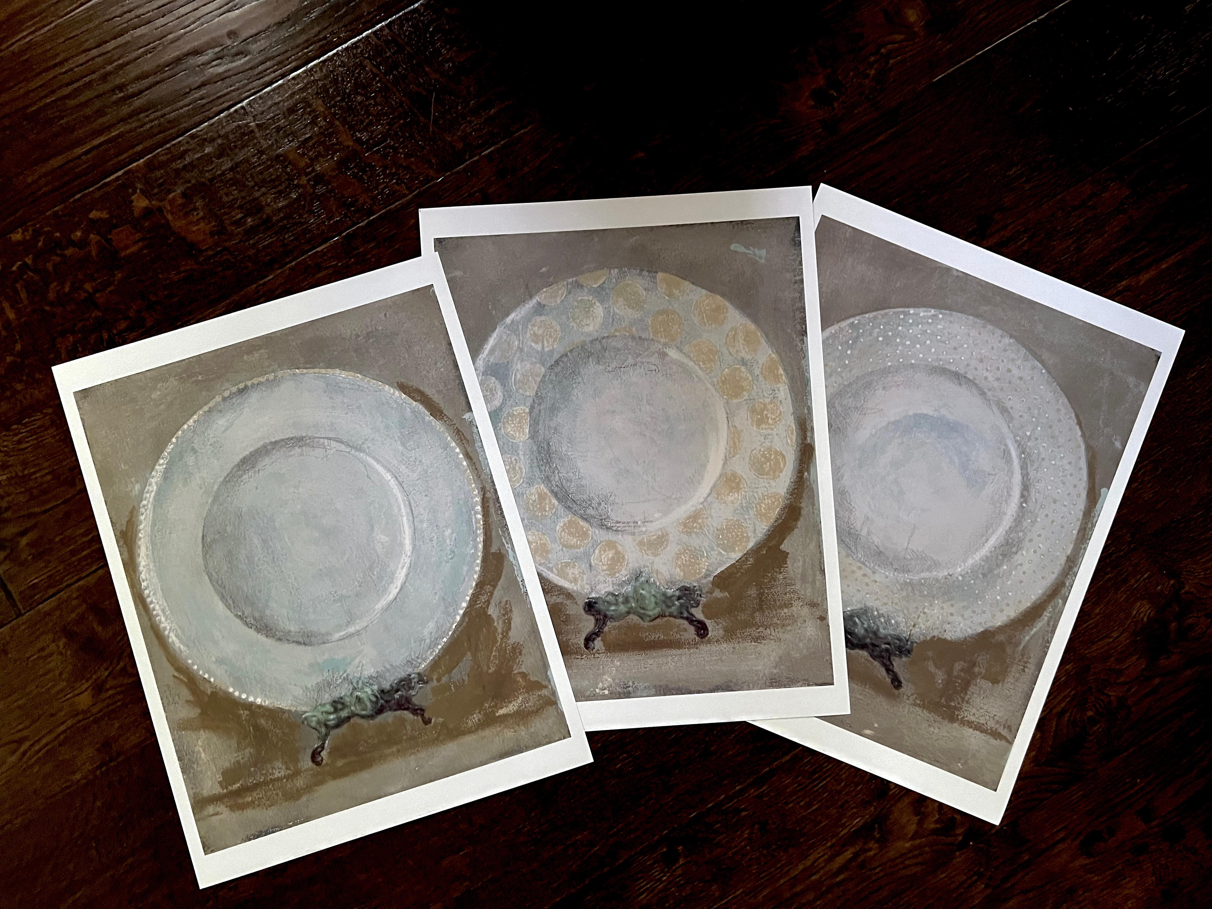 DINNER PARTY - A trio of art prints on paper featuring dinner plates - each one with its own timeless pattern - a celebration of everyday objects. The grouping creates an engaging statement, while the repetition forms a refined visual dialogue. They