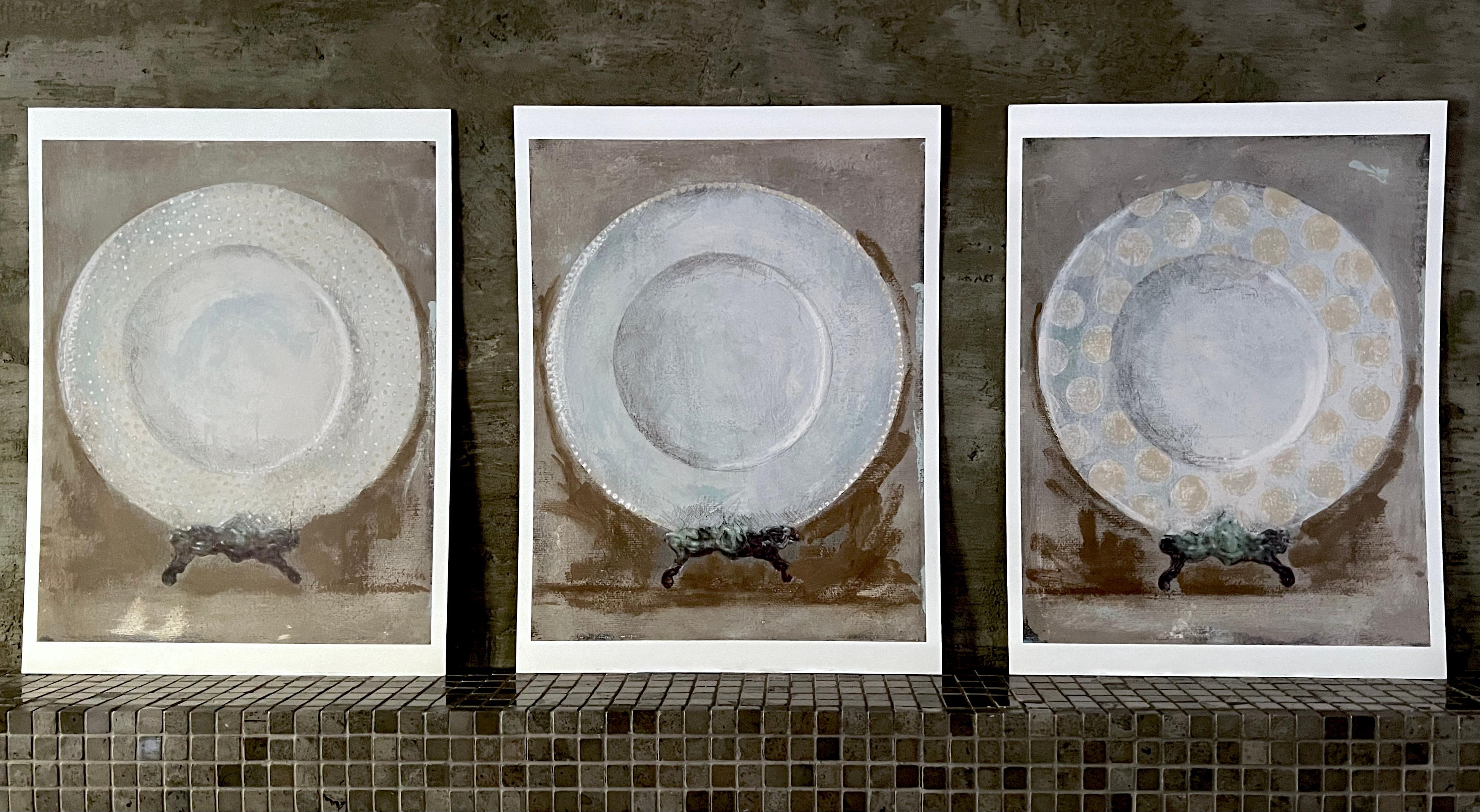 Andrea Stajan-Ferkul Still-Life Print - Dinner Party - 3 Art Prints, 11"x14" Each, Still Life White Plates, Beige/Green