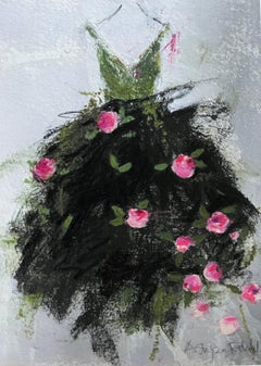 The Garden Party - 5 "x7", impression giclée avec éléments peints à la main, vert, rose, noir