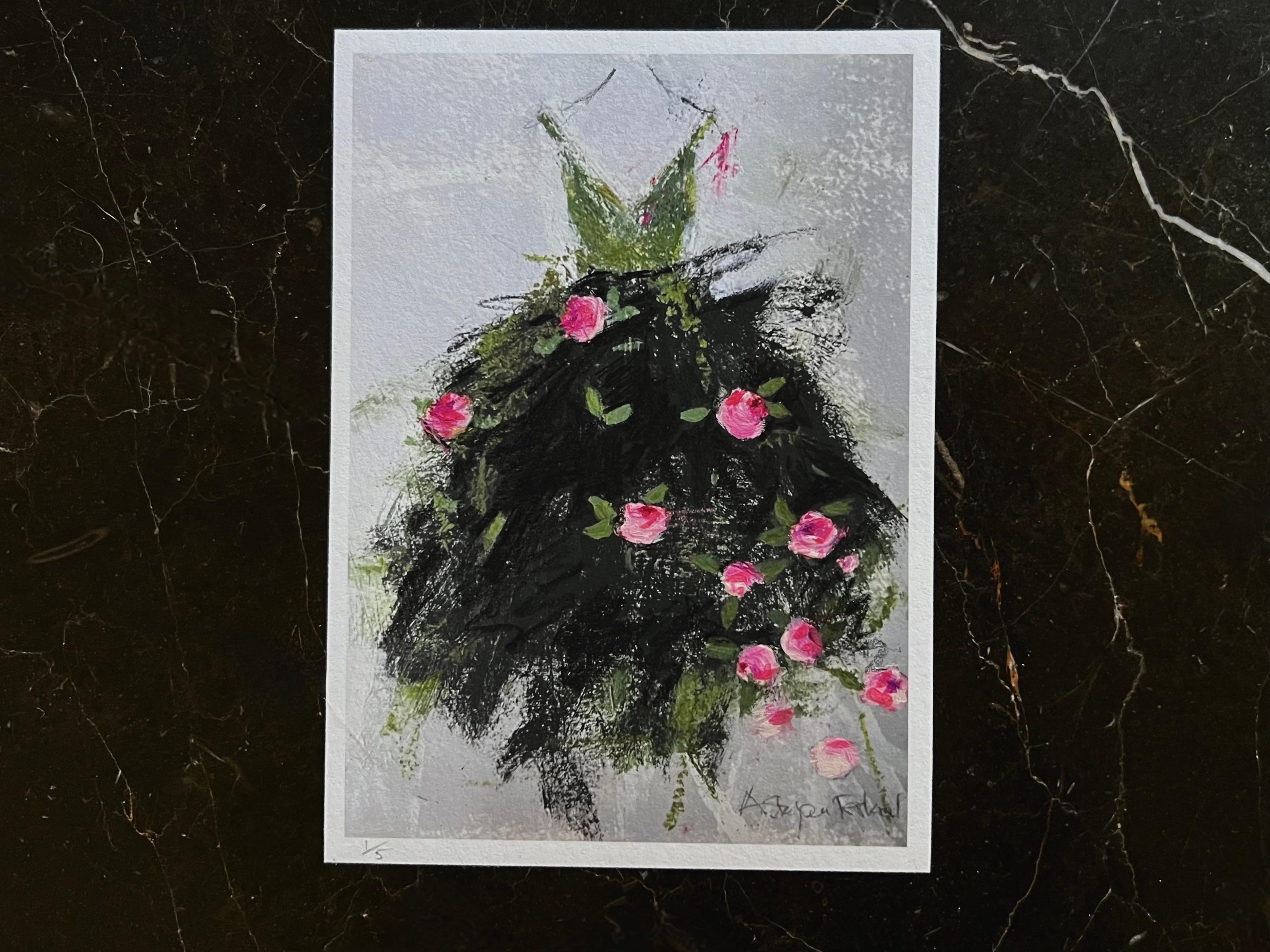 Andrea Stajan-Ferkul Figurative Print – Garden Party - 5 "x7", Giclée-Druck mit handgemalten Elementen, grün, rosa, schwarz