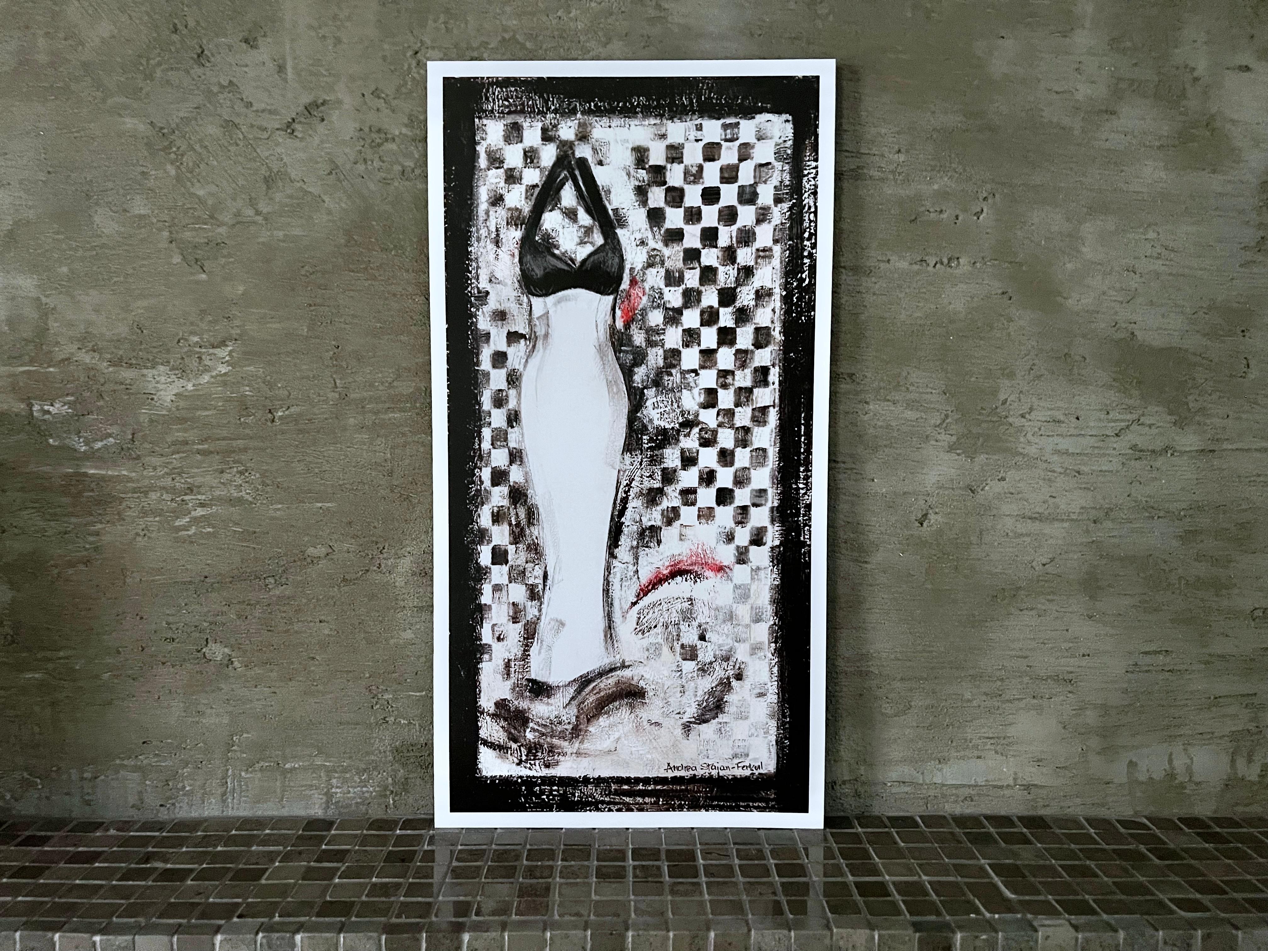 Figurative Print Andrea Stajan-Ferkul - Going Retro n° 3 - 7,5" x 14,5", imprimé d'art, robe vintage, mode noire et blanche