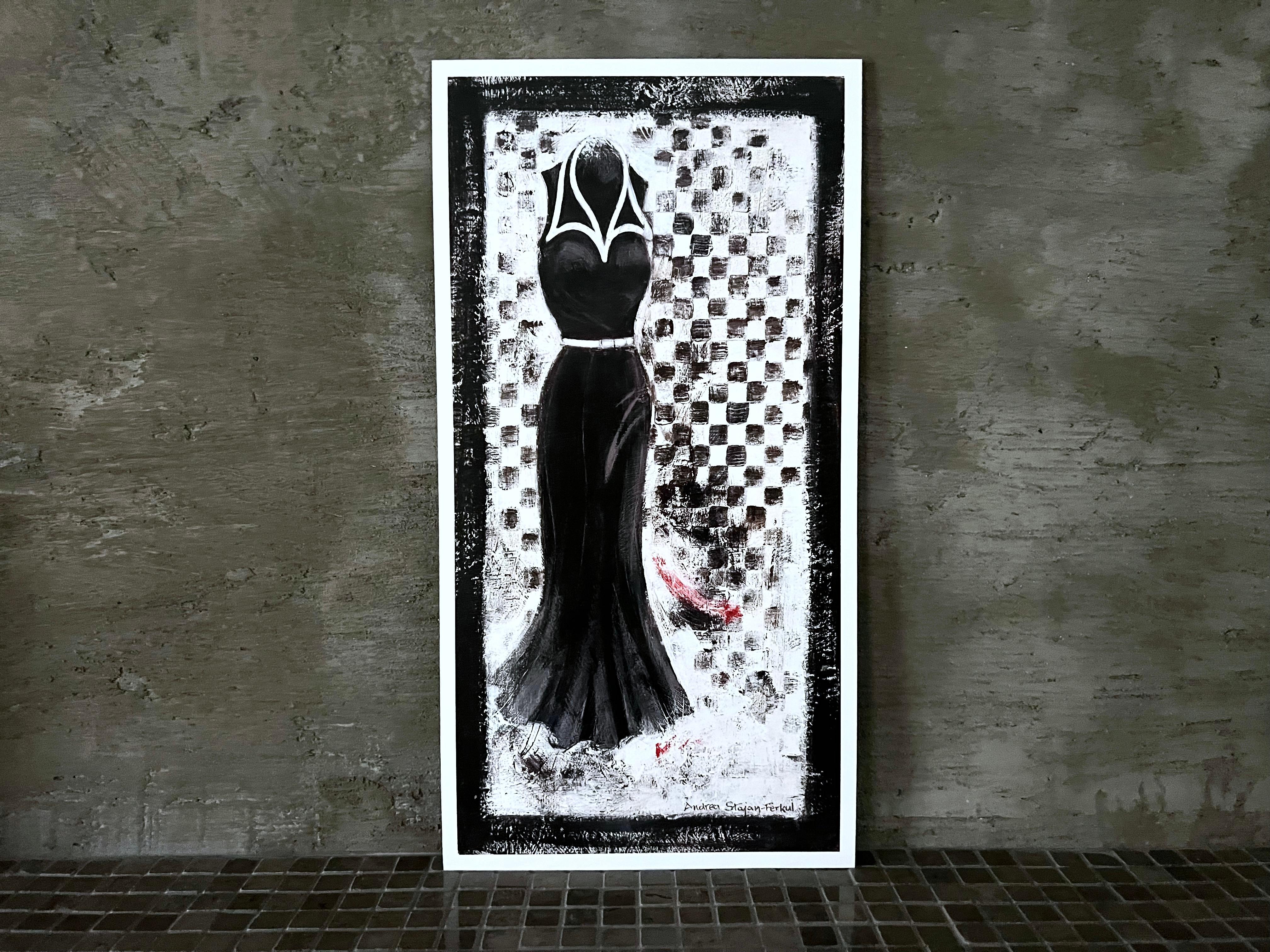 Andrea Stajan-Ferkul Figurative Print - Going Retro #4 - 7.5" x 14.5", Art Print, Vintage Dress, Black & White, Fashion 