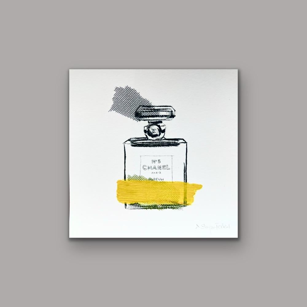 Andrea Stajan-Ferkul Still-Life Print - Homage to Chanel No.5 - 6"x6", Giclée Print, Perfume, Yellow, Black and White 