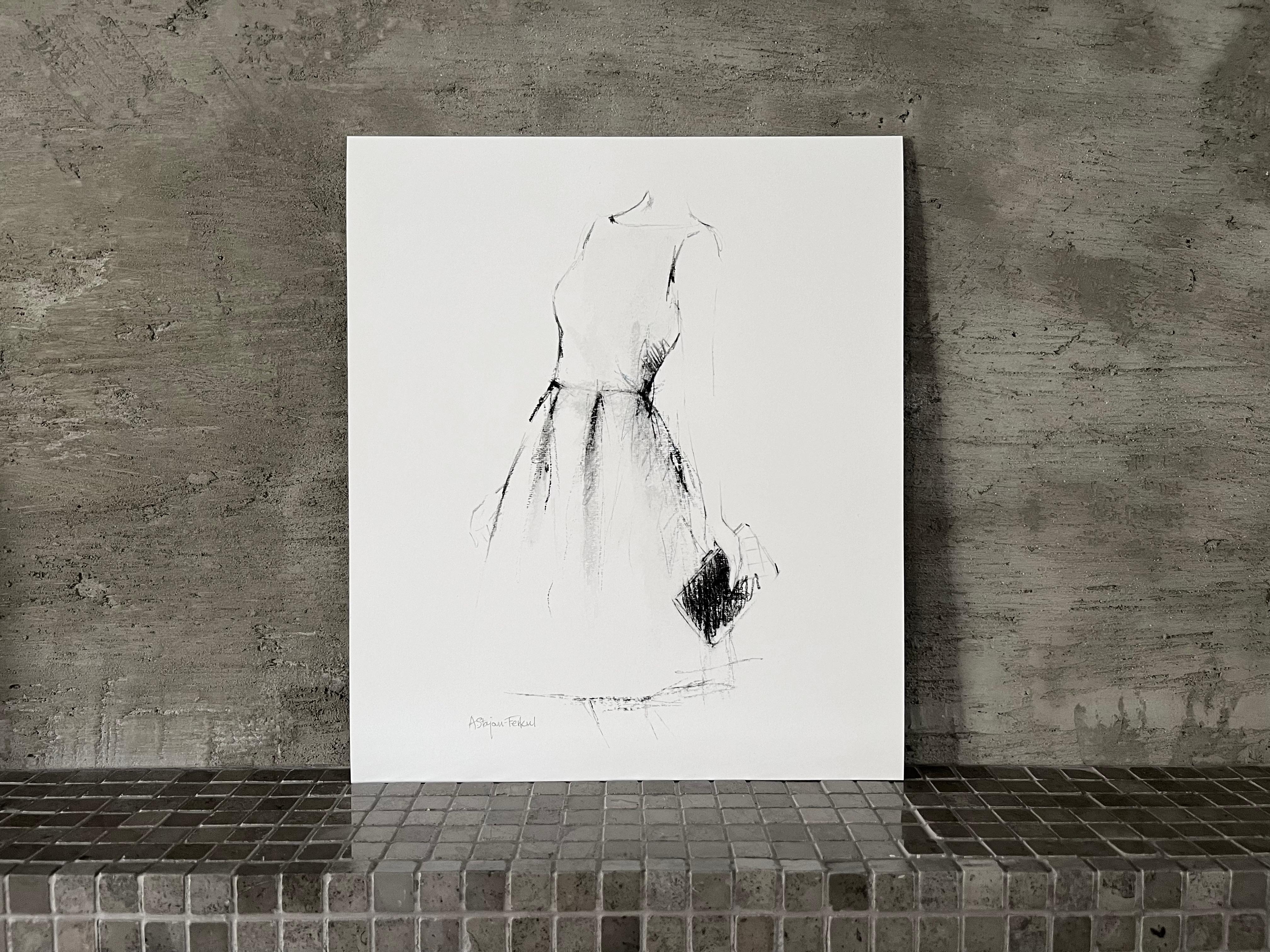 Andrea Stajan-Ferkul Figurative Print – It's All In The Bag #1 - 9,75"x11,5", Kunstdruck, Schwarz und Weiß, Kleid, Mode