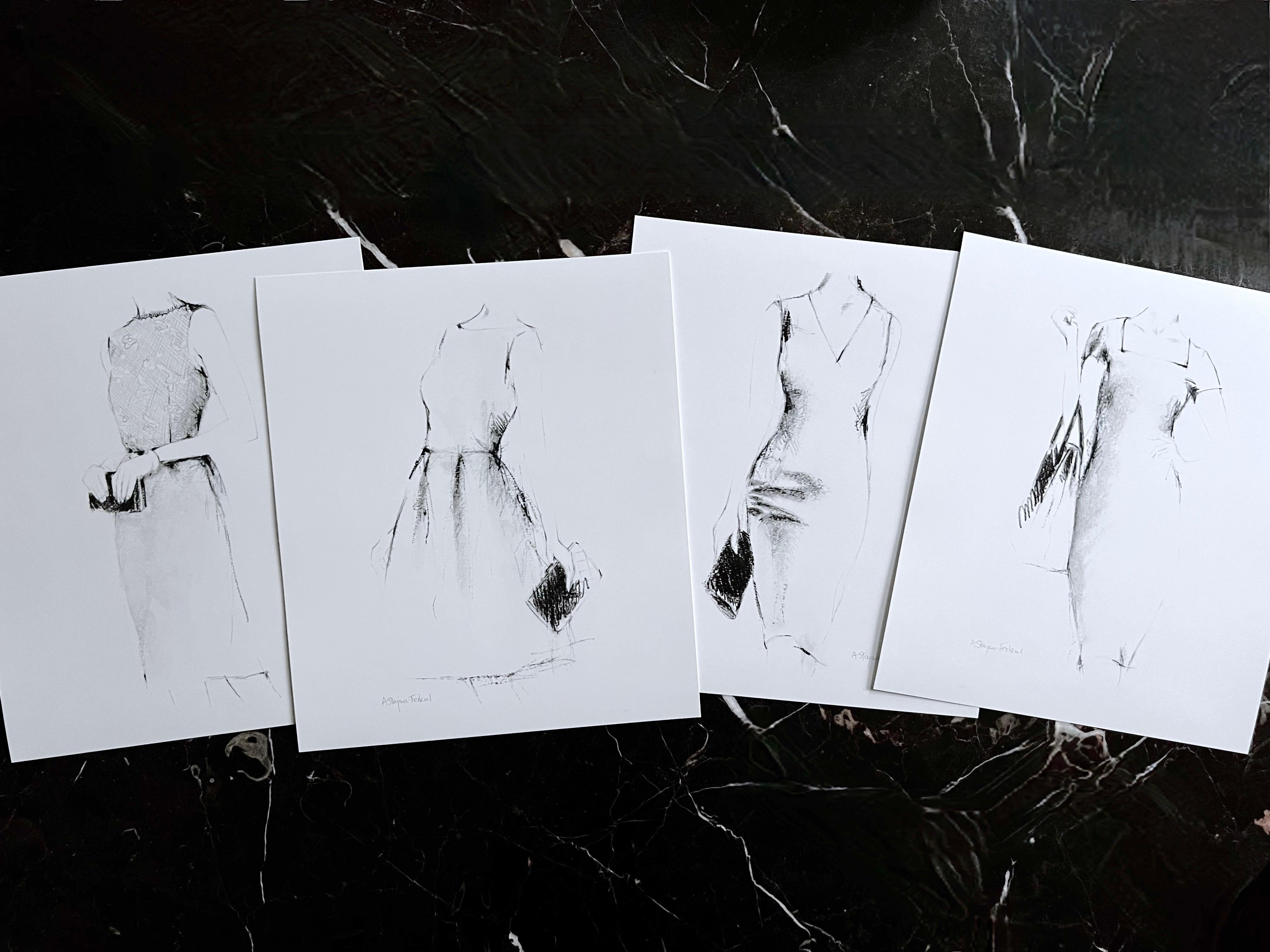 Figurative Print Andrea Stajan-Ferkul - « It's All In The Bag - Art Print Series 1 - 4, quatre impressions d'art de mode