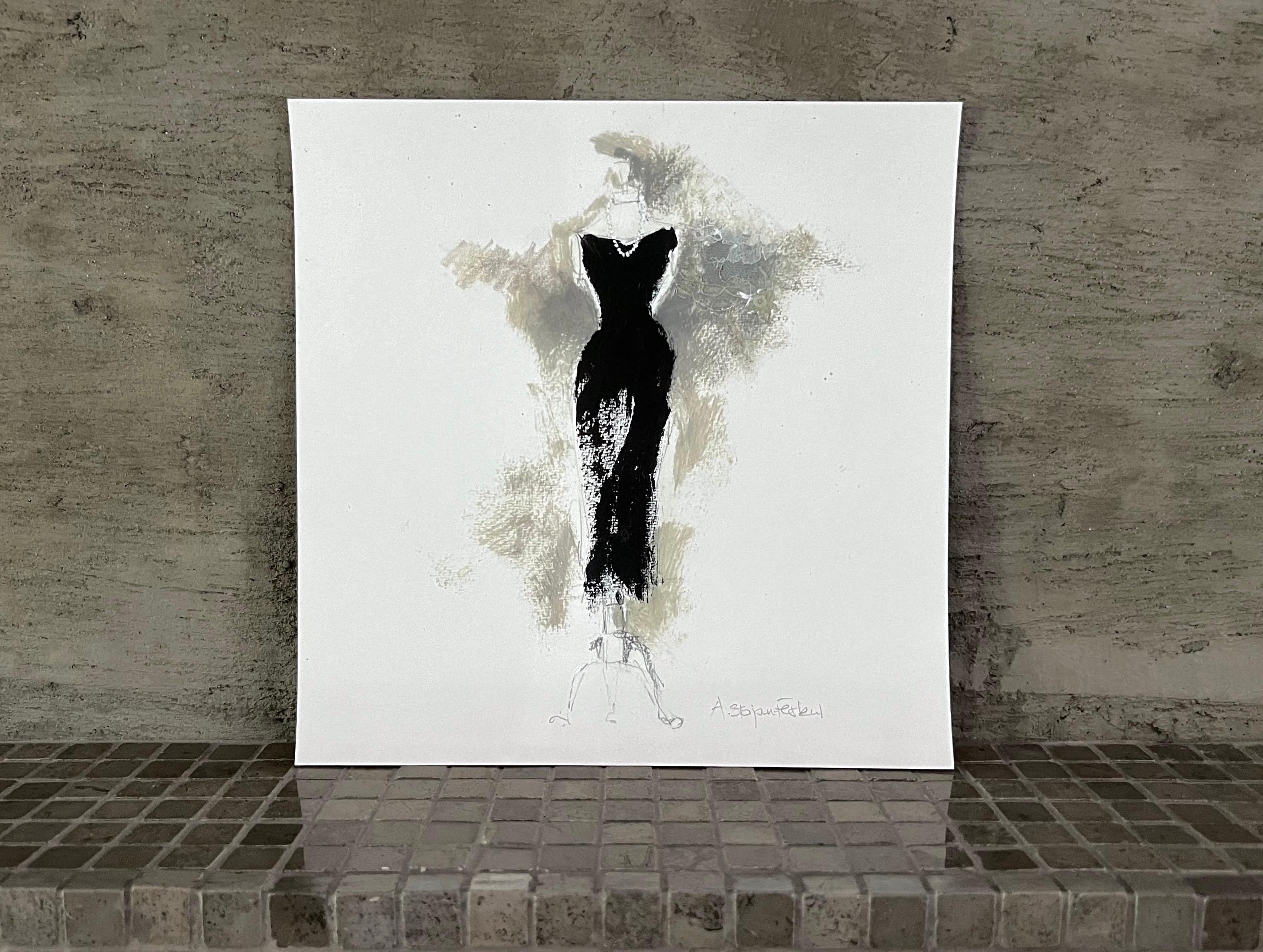 Homage to the iconic Little Black Dress. The fusion of digital and hand painted elements give this artwork distinct character and individuality. The one-of-a-kind Giclée print is a high-quality reproduction of an original artwork printed on archival