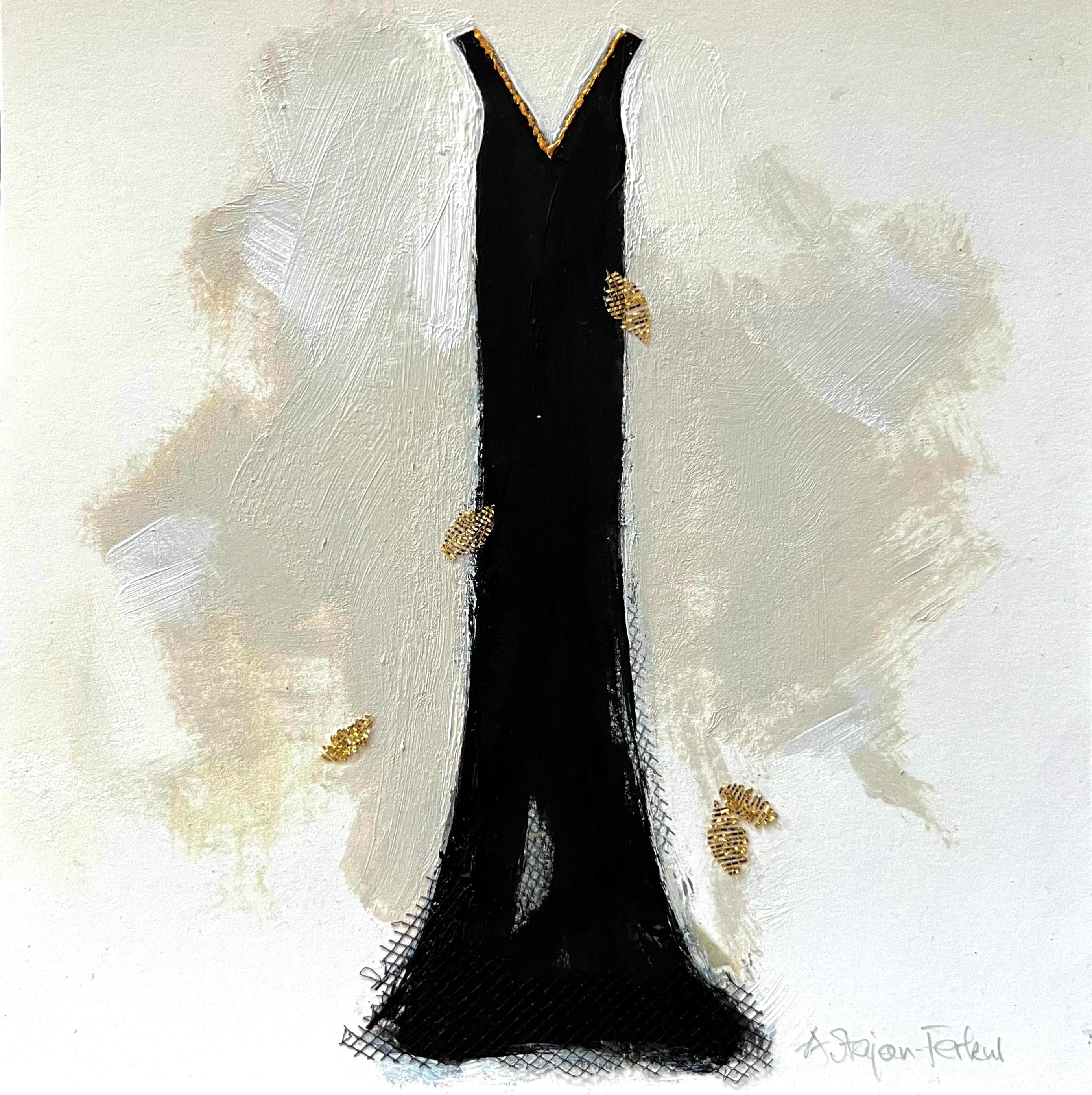 Homage to the little black dress. Chic and understated, this giclée print is enriched with added hand painted elements giving the print its own unique outcome. The special edition, one-of-a-kind, hand signed piece. is a blend of paint and textile