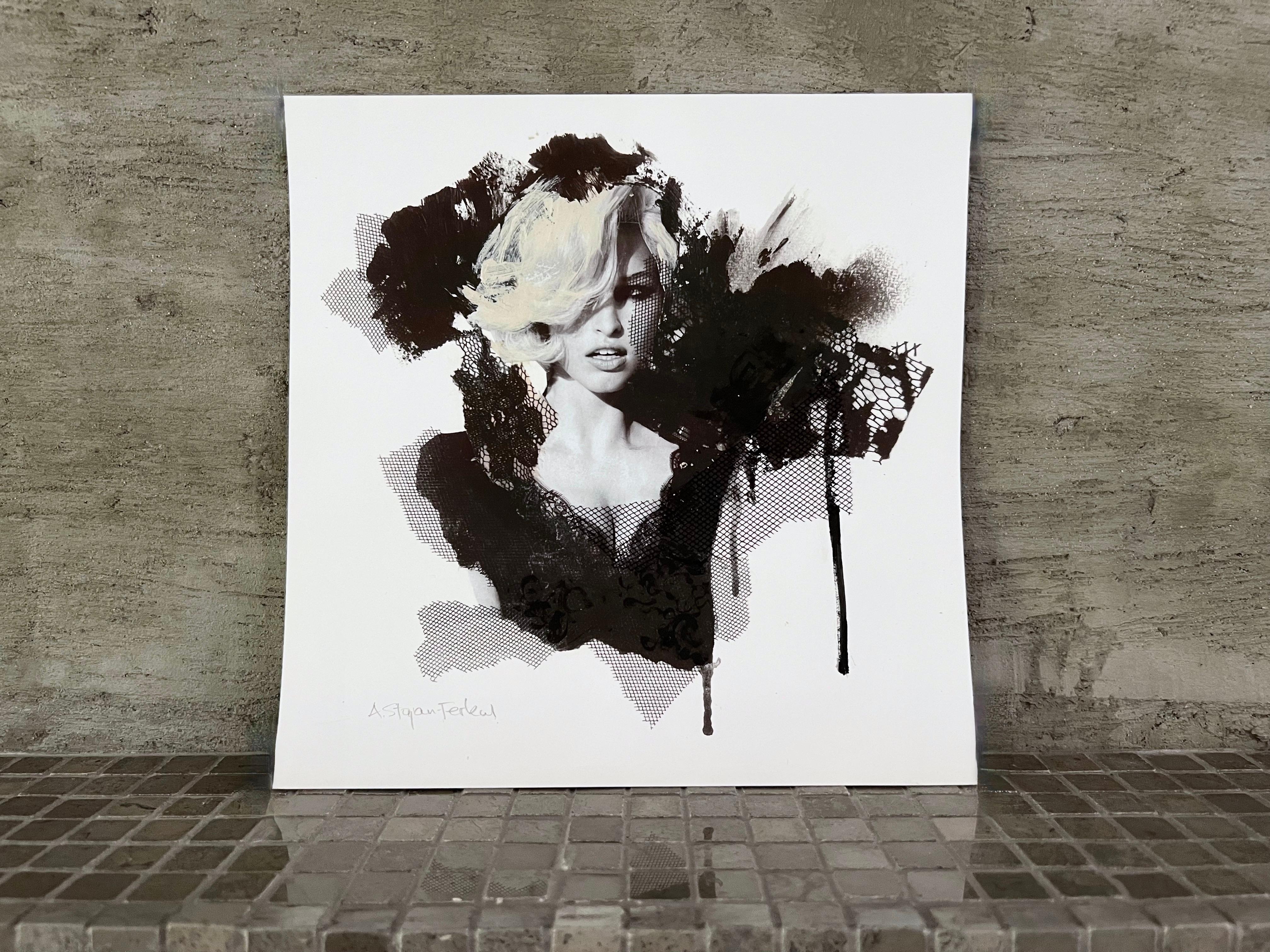 A fusion of digital and hand painted elements give this glamour inspired artwork distinct character and individuality. This one-of-a-kind Giclée print is a high-quality reproduction of an original, collage artwork printed on archival paper. Hand