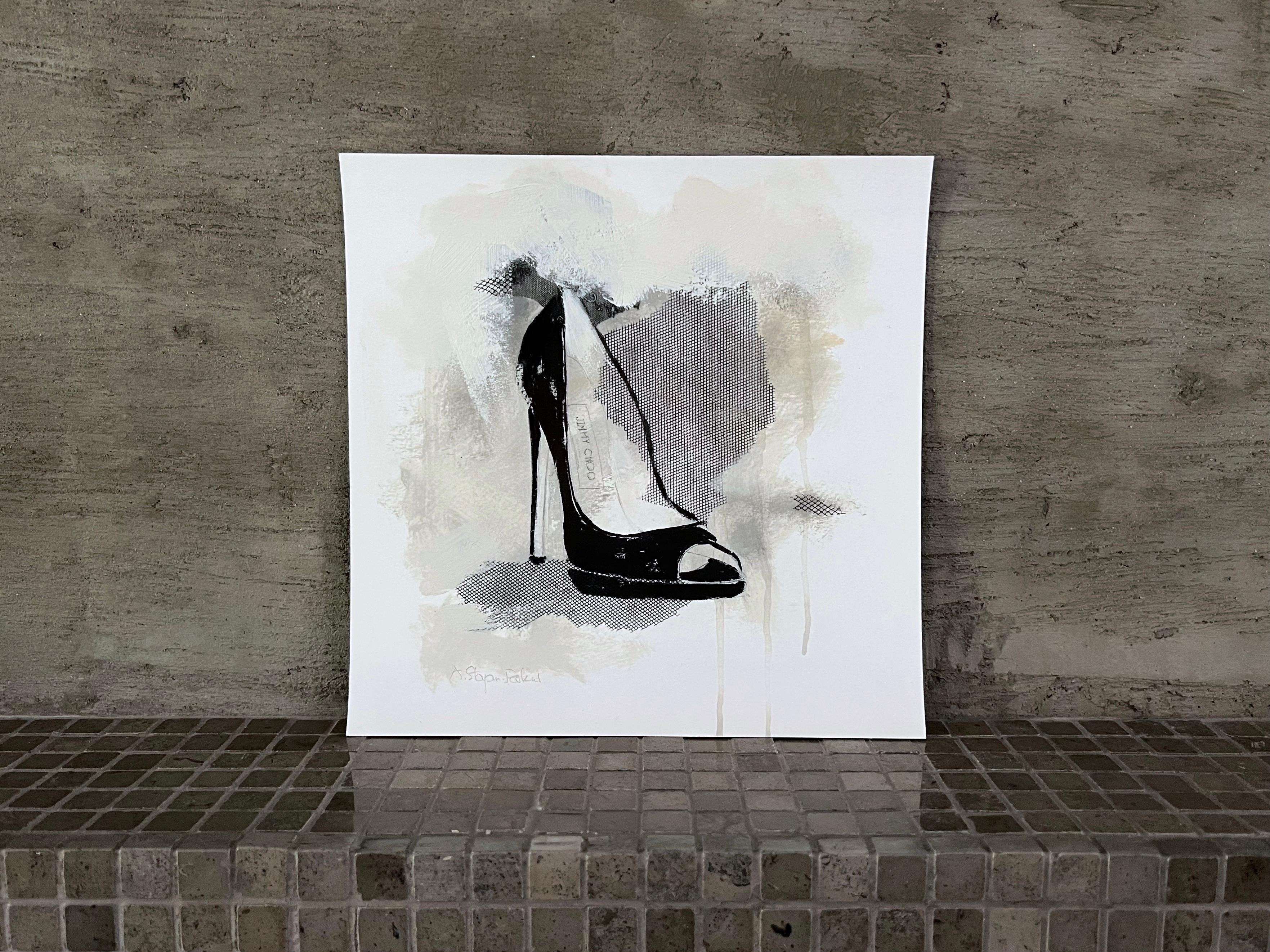 Homage to the iconic Jimmy Choo Luxury Shoe. The fusion of digital and hand painted elements give this artwork distinct character and individuality. The one-of-a-kind Giclée print is a high-quality reproduction of an original artwork, printed on