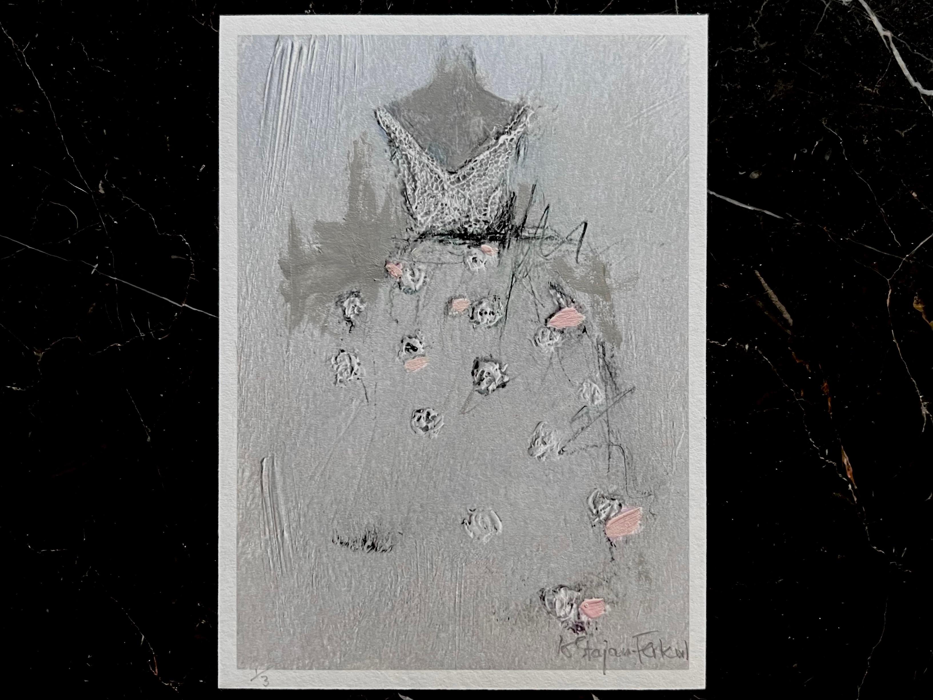 A delicate dance of grey and pink. This one-of-a-kind Giclée print is a high-quality reproduction of an original artwork printed on archival paper. Hand painted strokes and embellishments are added to give a unique quality to the print. The fusion
