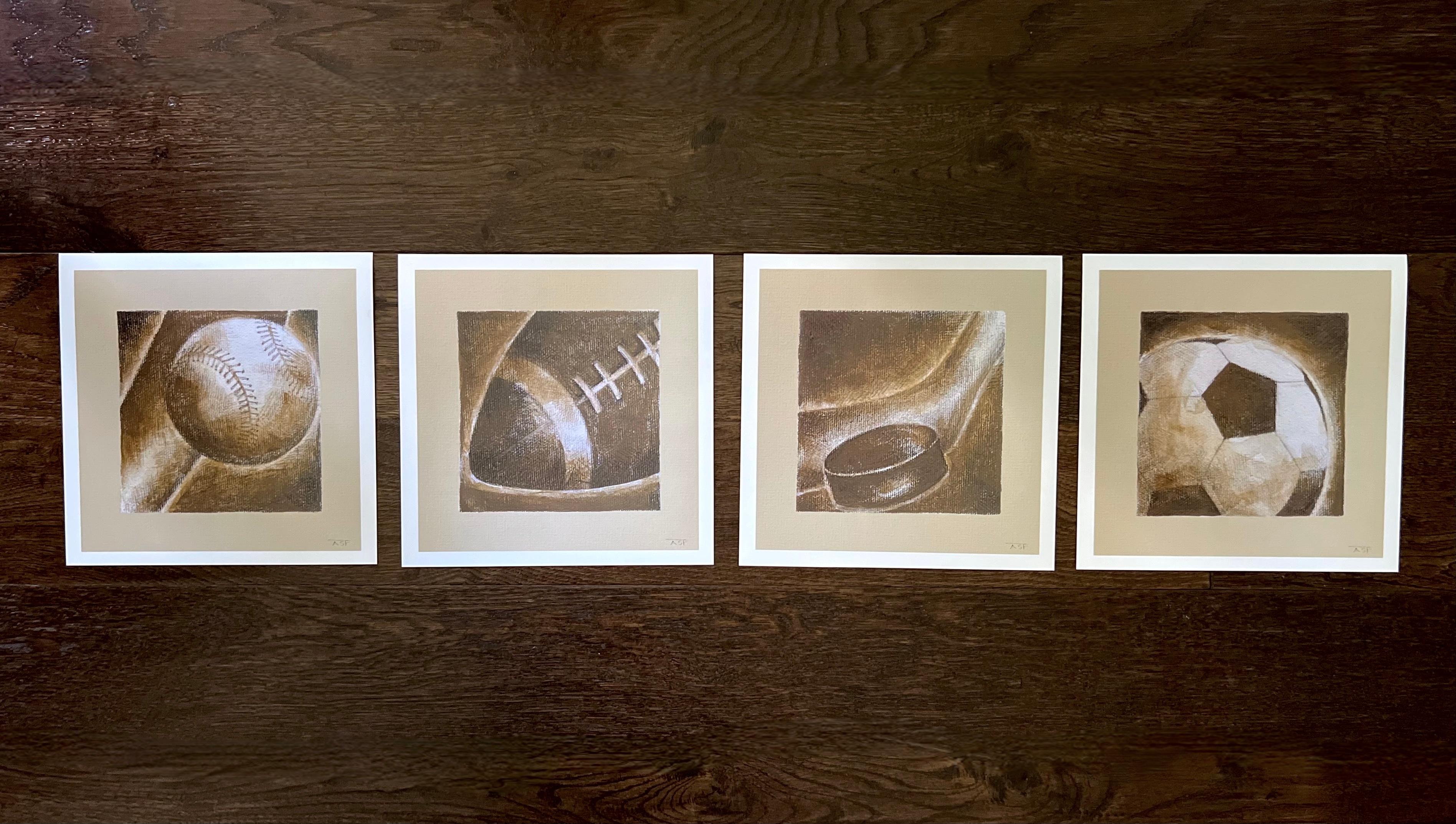 Play Hard - 4 Sportdrucke, jeweils 9,5 x 9,5", Kunstdrucke auf Papier, Brown, Beige