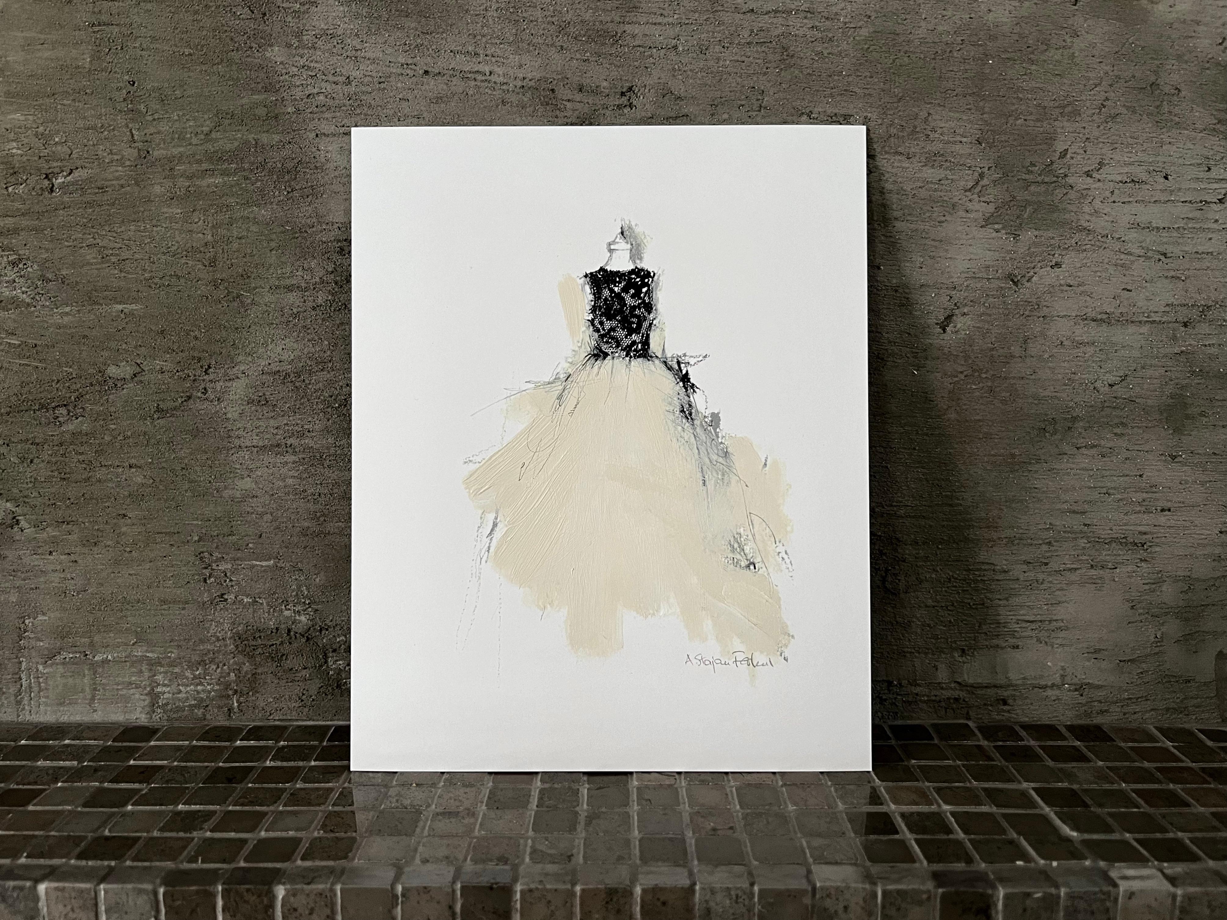 The Dressing Room 1 - 18x22cm, Kunstdruck mit handbemalten Elementen, Beige, Schwarz – Print von Andrea Stajan-Ferkul