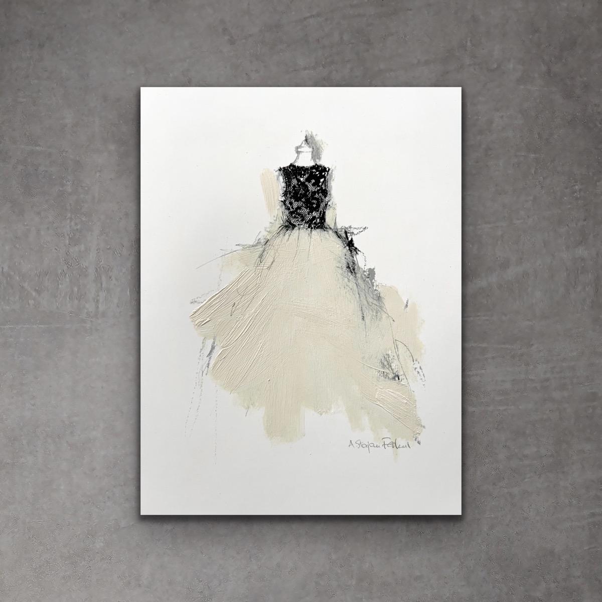 Andrea Stajan-Ferkul Print – The Dressing Room 1 - 18x22cm, Kunstdruck mit handbemalten Elementen, Beige, Schwarz