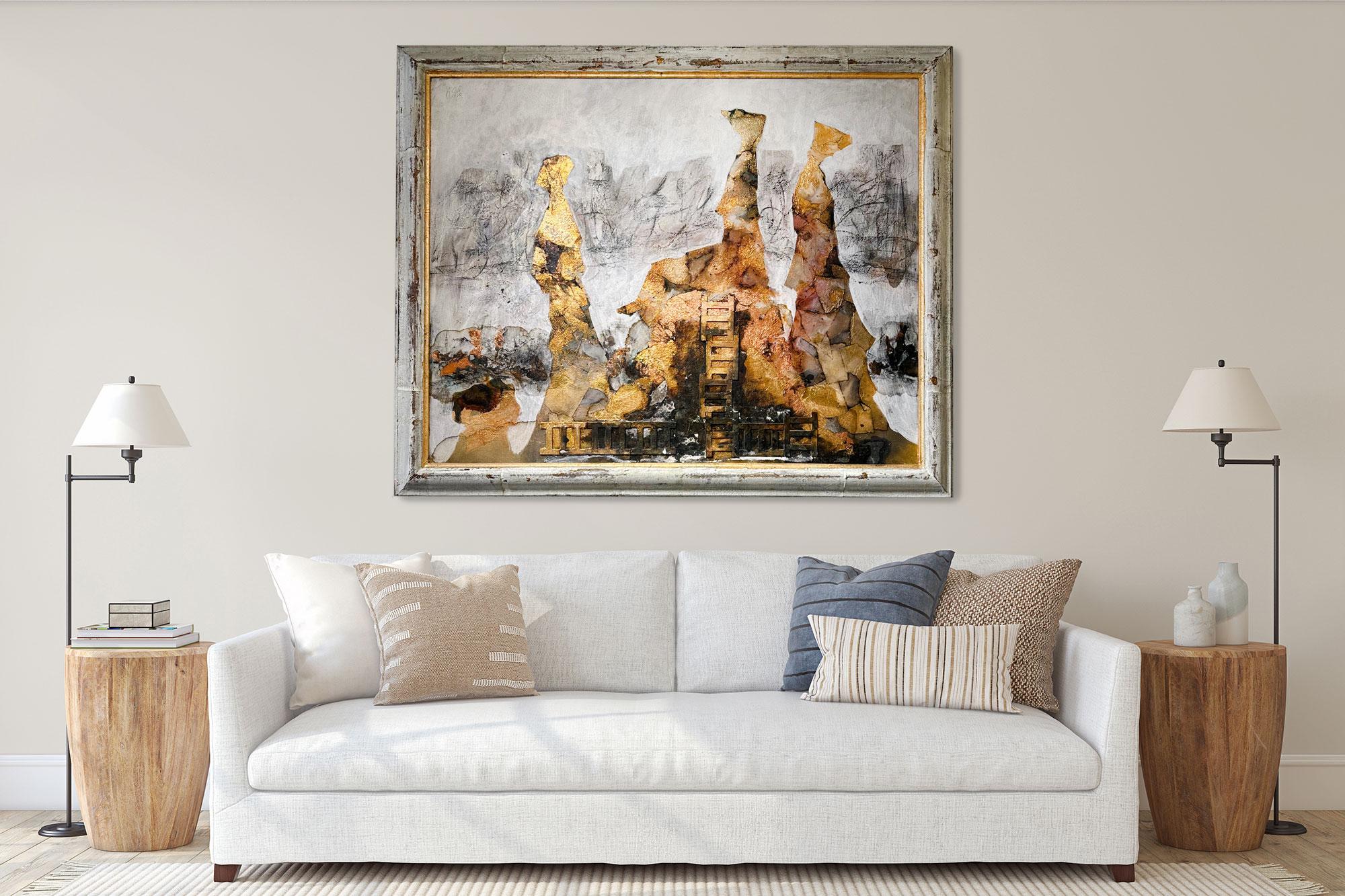A Sunday To Remember - Andrea Stella- Figurative Abstract Painting - Mixed Media - Gold Figurative Painting by ANDREA STELLA
