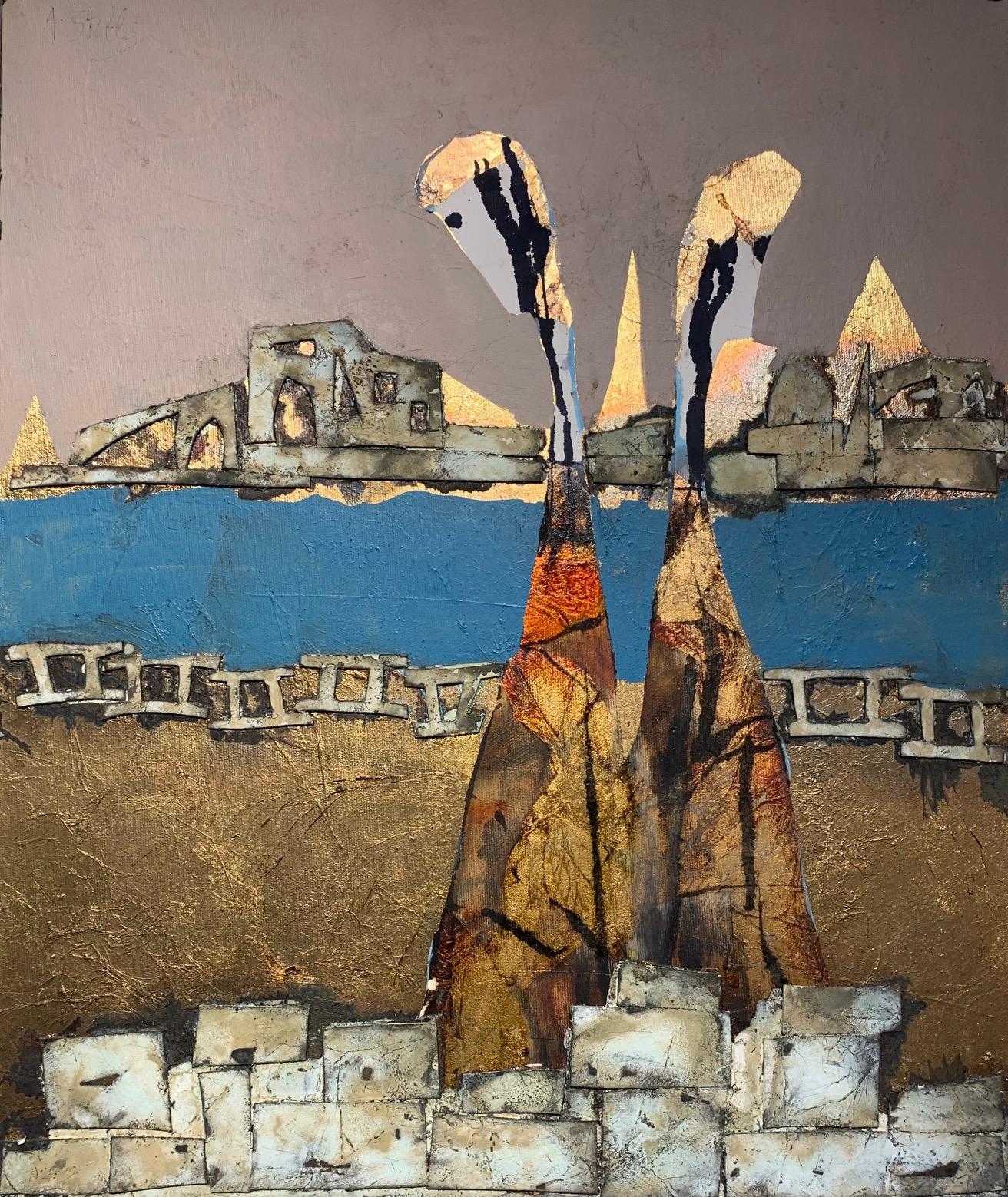 Golden Beach - Andrea Stella- Figurative Abstract Painting - Mixed Media
