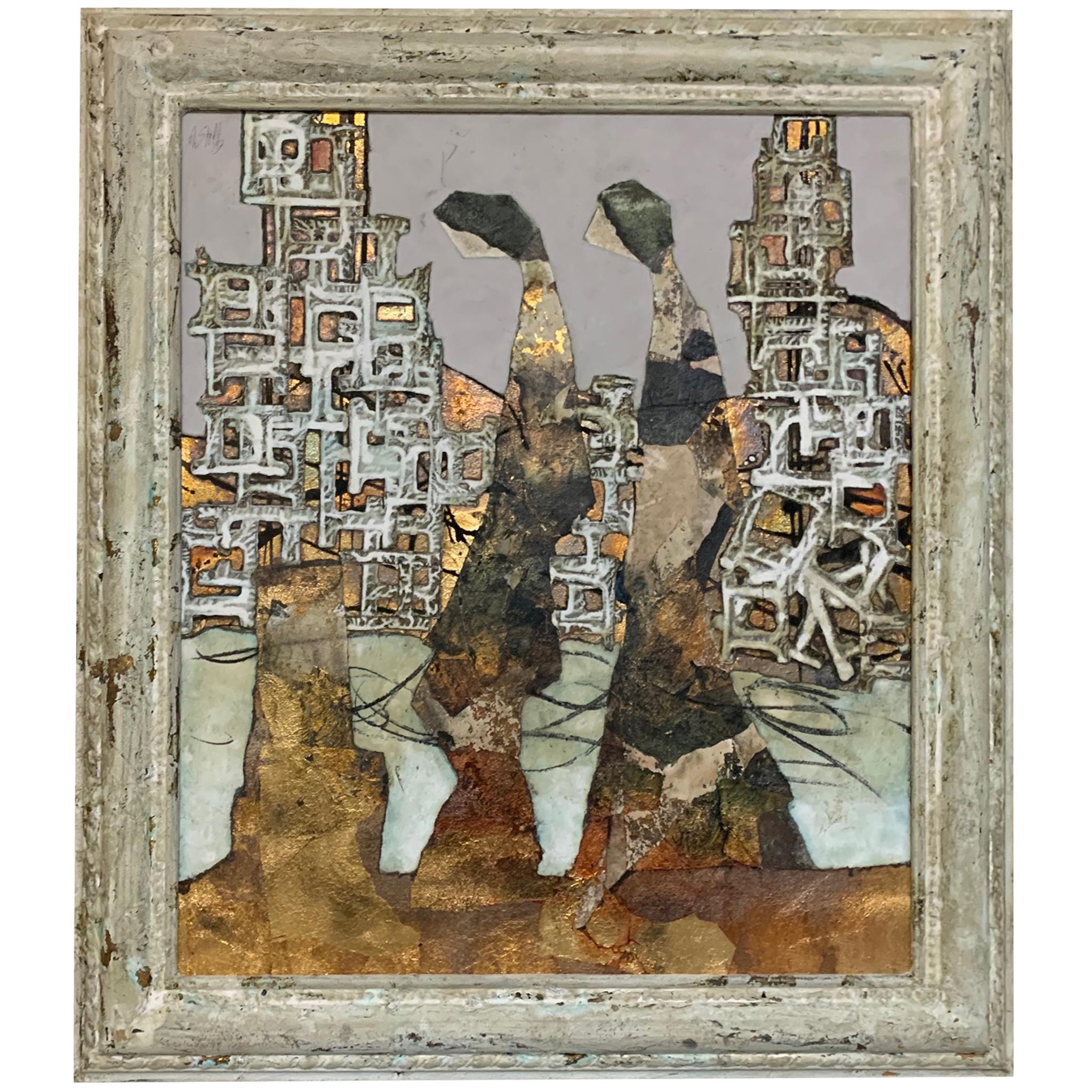 Journey To New Metropolis - Mixed Media & Gold Leaf - Andrea Stella - Painting by ANDREA STELLA