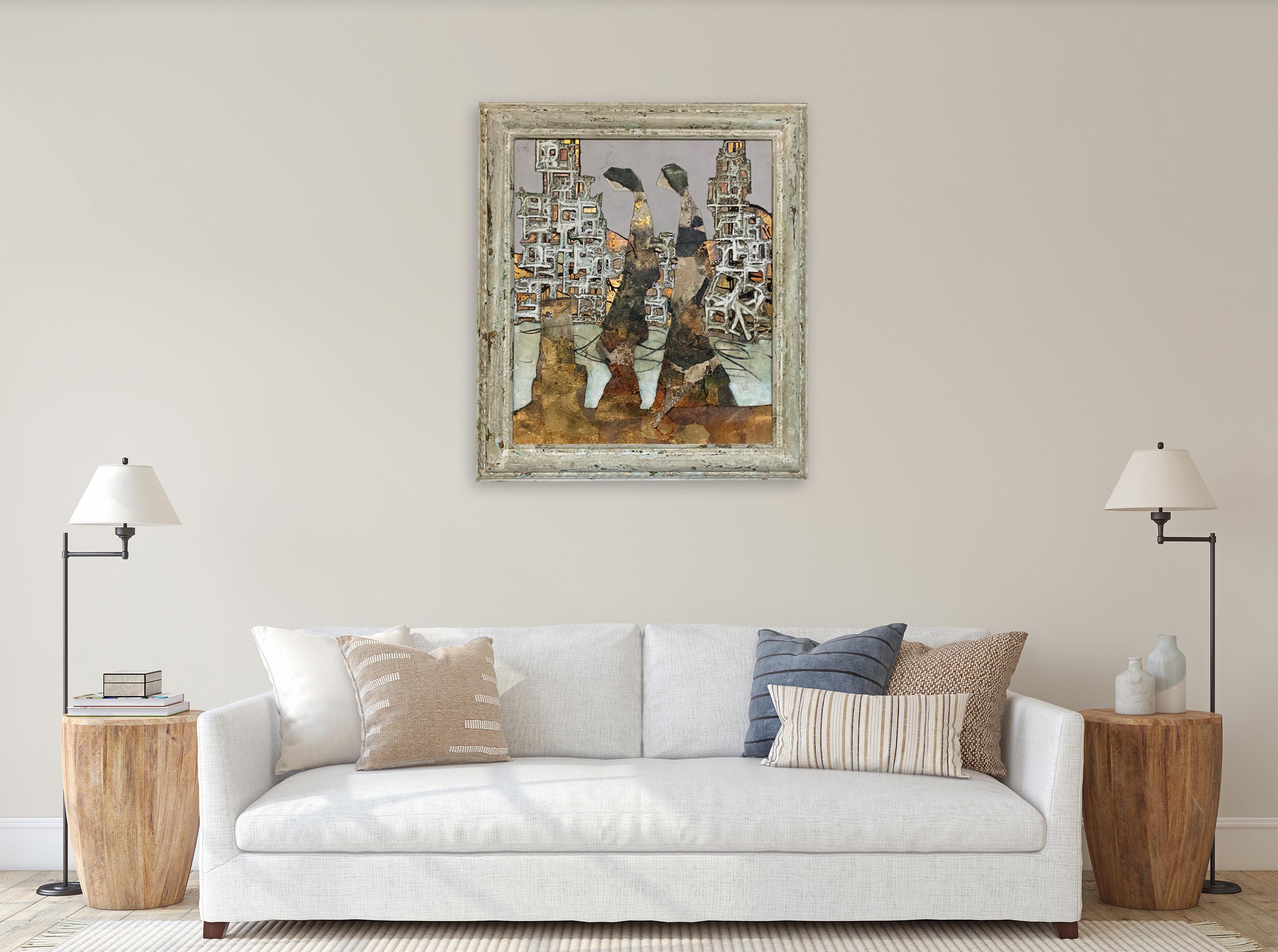 Journey To New Metropolis - Mixed Media & Gold Leaf - Andrea Stella - Contemporary Painting by ANDREA STELLA