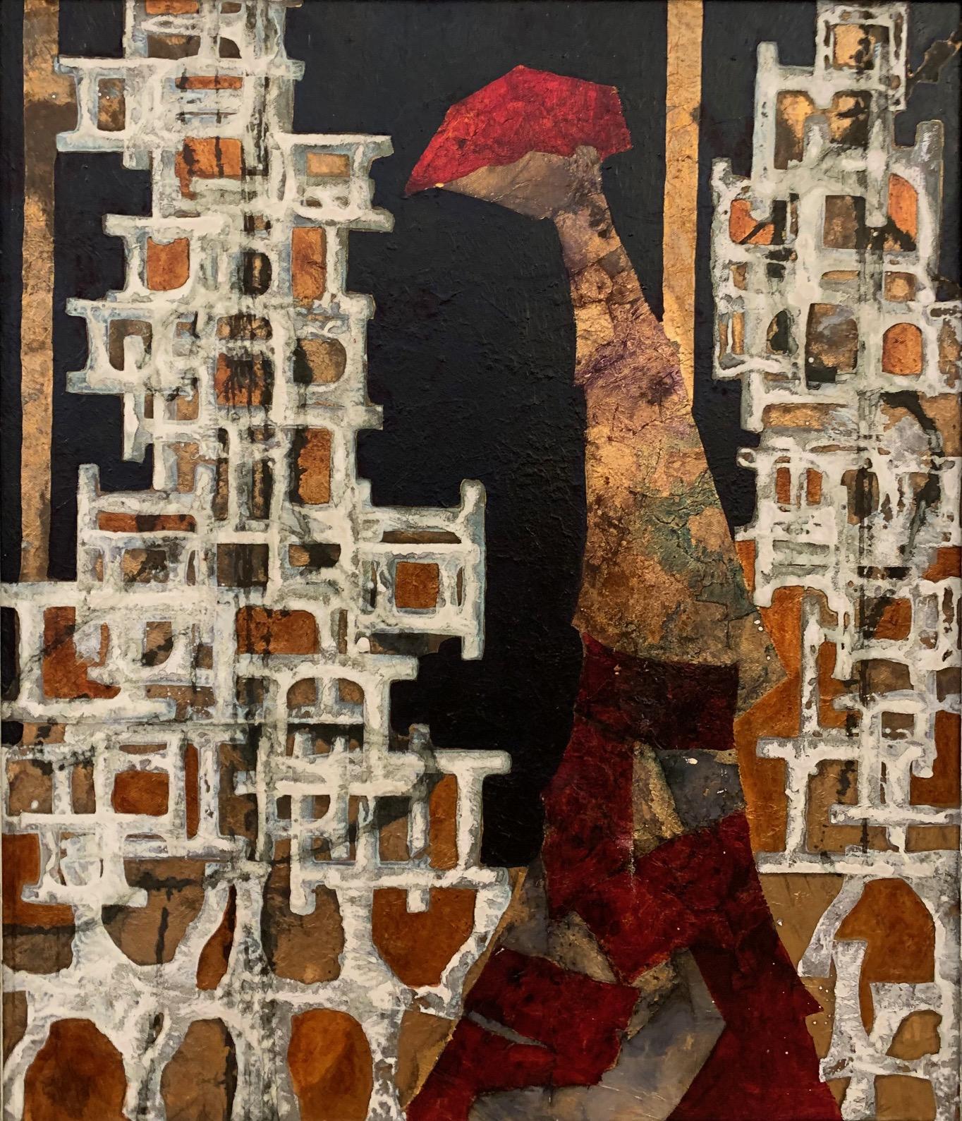 ANDREA STELLA Figurative Painting - Lights In The Night - Mixed Media & Gold Leaf on canvas - Andrea Stella