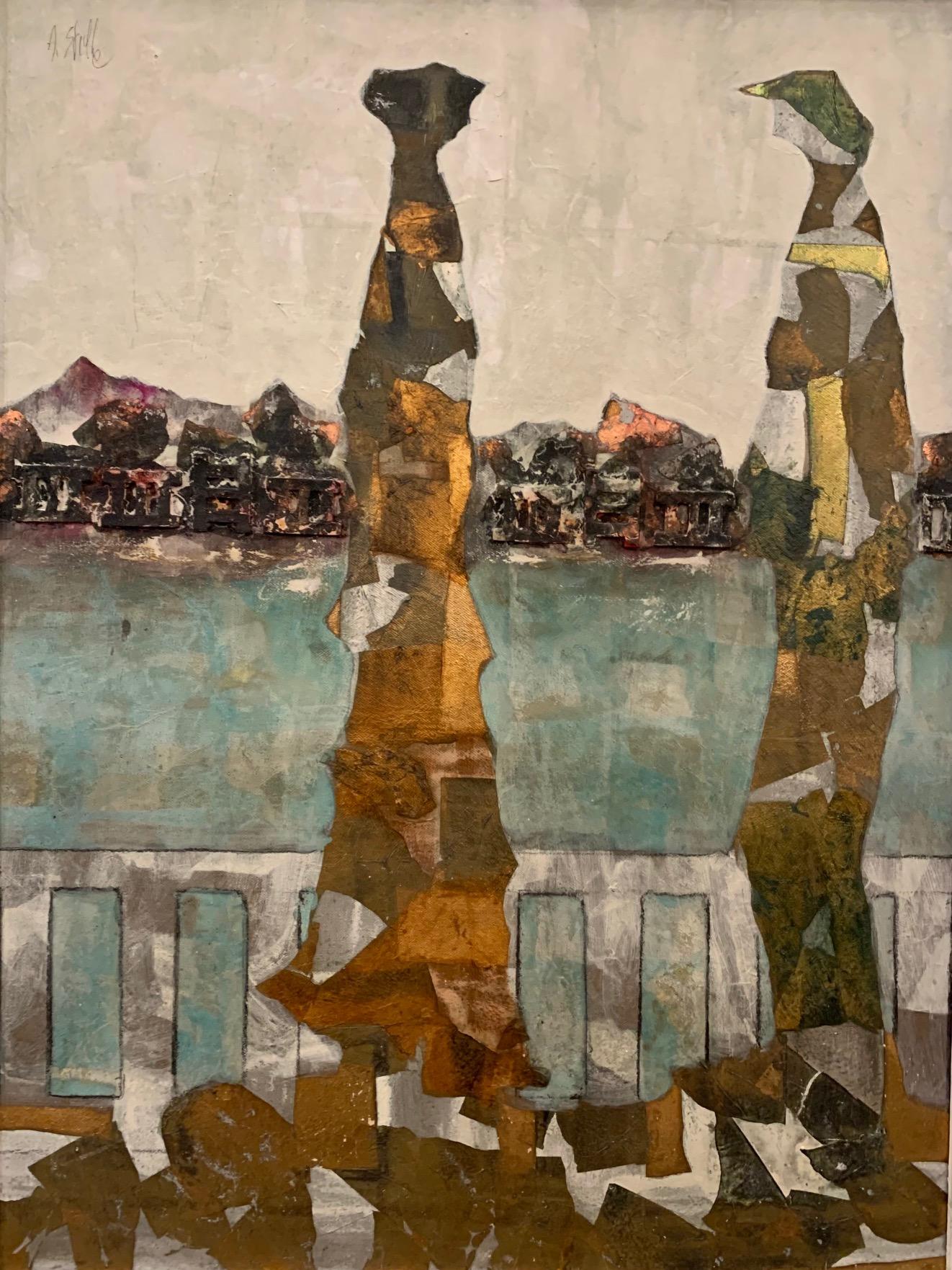 ANDREA STELLA Figurative Painting – Terrace On The Lake –Andrea Stella – Gemälde in Mischtechnik und Blattgold