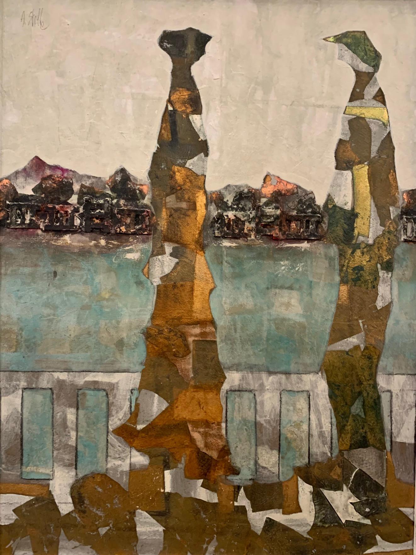 Figurative Painting di ANDREA STELLA - Terrazza sul lago -Andrea Stella - Pittura a tecnica mista e foglia d'oro