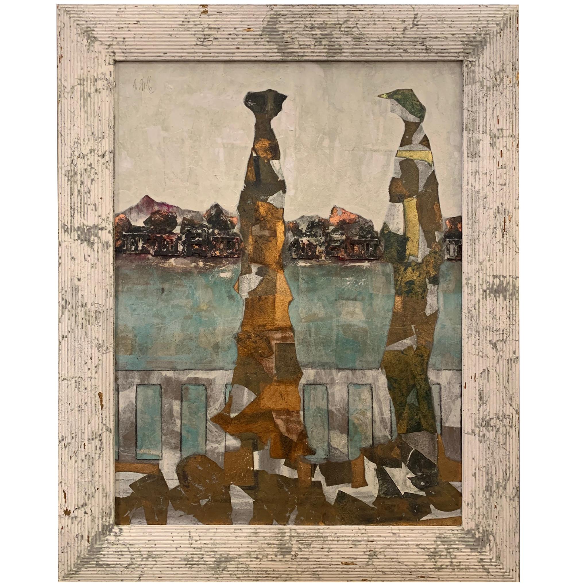 Terrace On The Lake –Andrea Stella – Gemälde in Mischtechnik und Blattgold – Painting von ANDREA STELLA