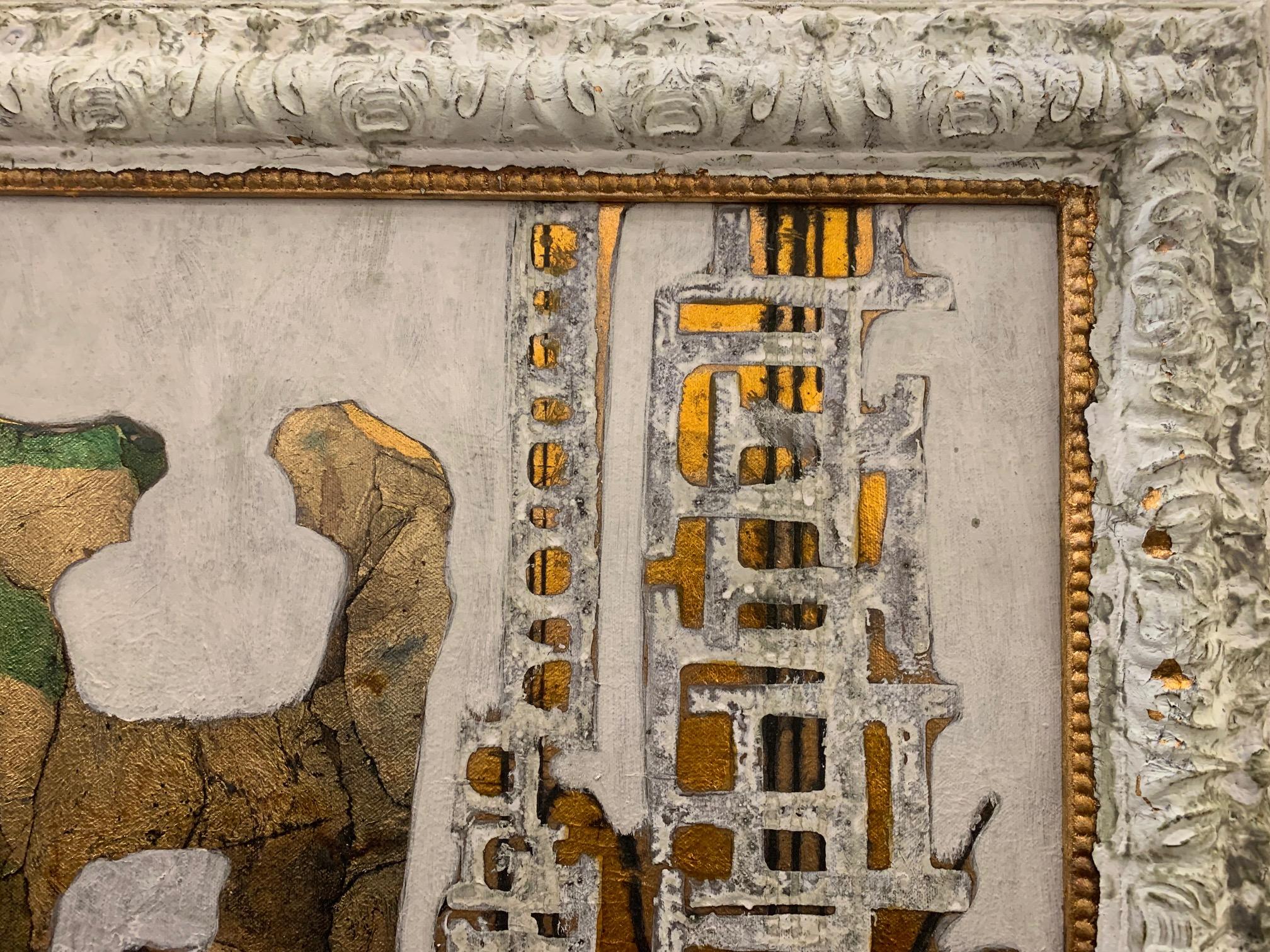 Der Rollwagen der Träume –Andrea Stella – figuratives abstraktes Gemälde – Mixed Media (Gold), Figurative Painting, von ANDREA STELLA