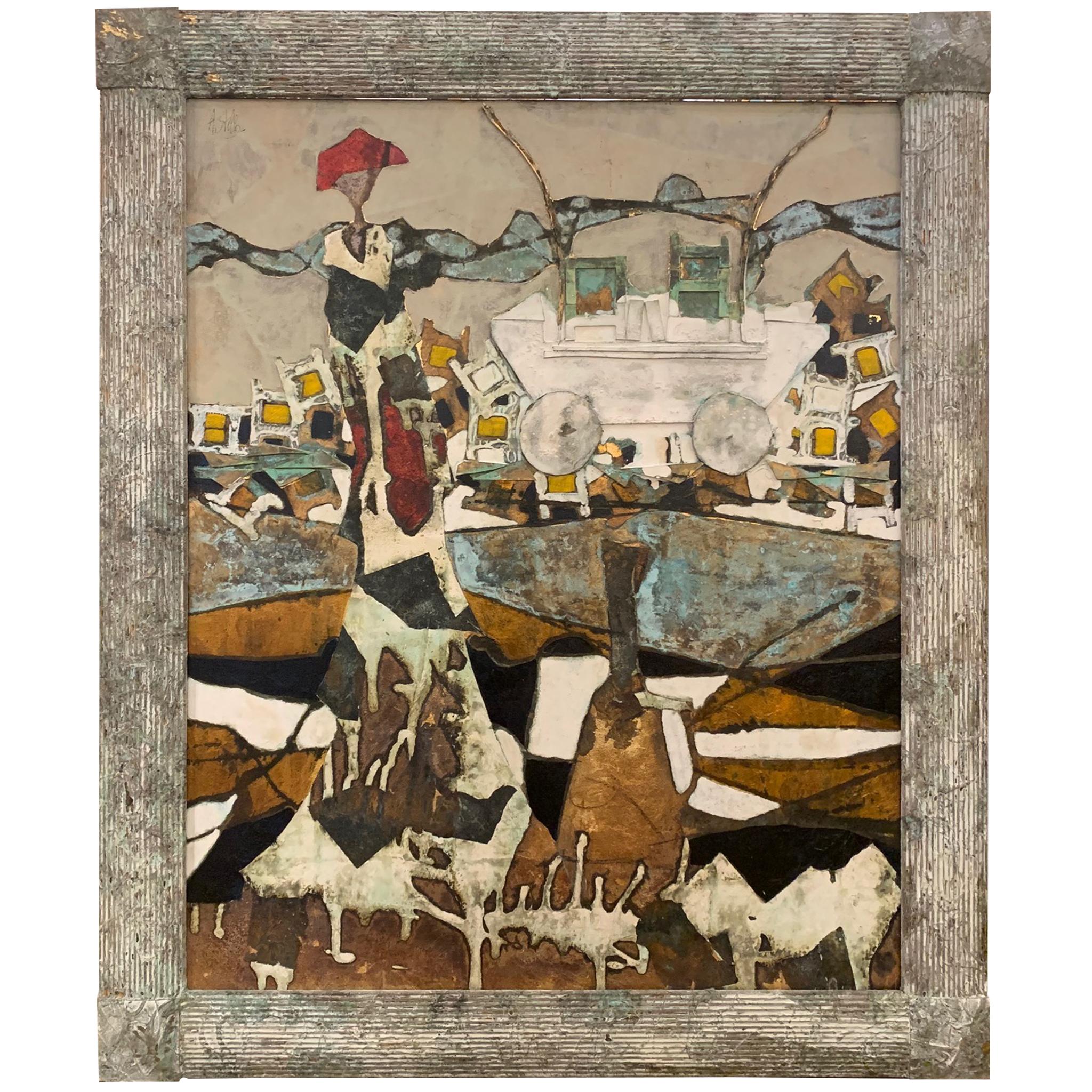 The Cart of imagination -Andrea Stella-Figurative Abstract Painting -Mixed Media - Gold Figurative Painting by ANDREA STELLA