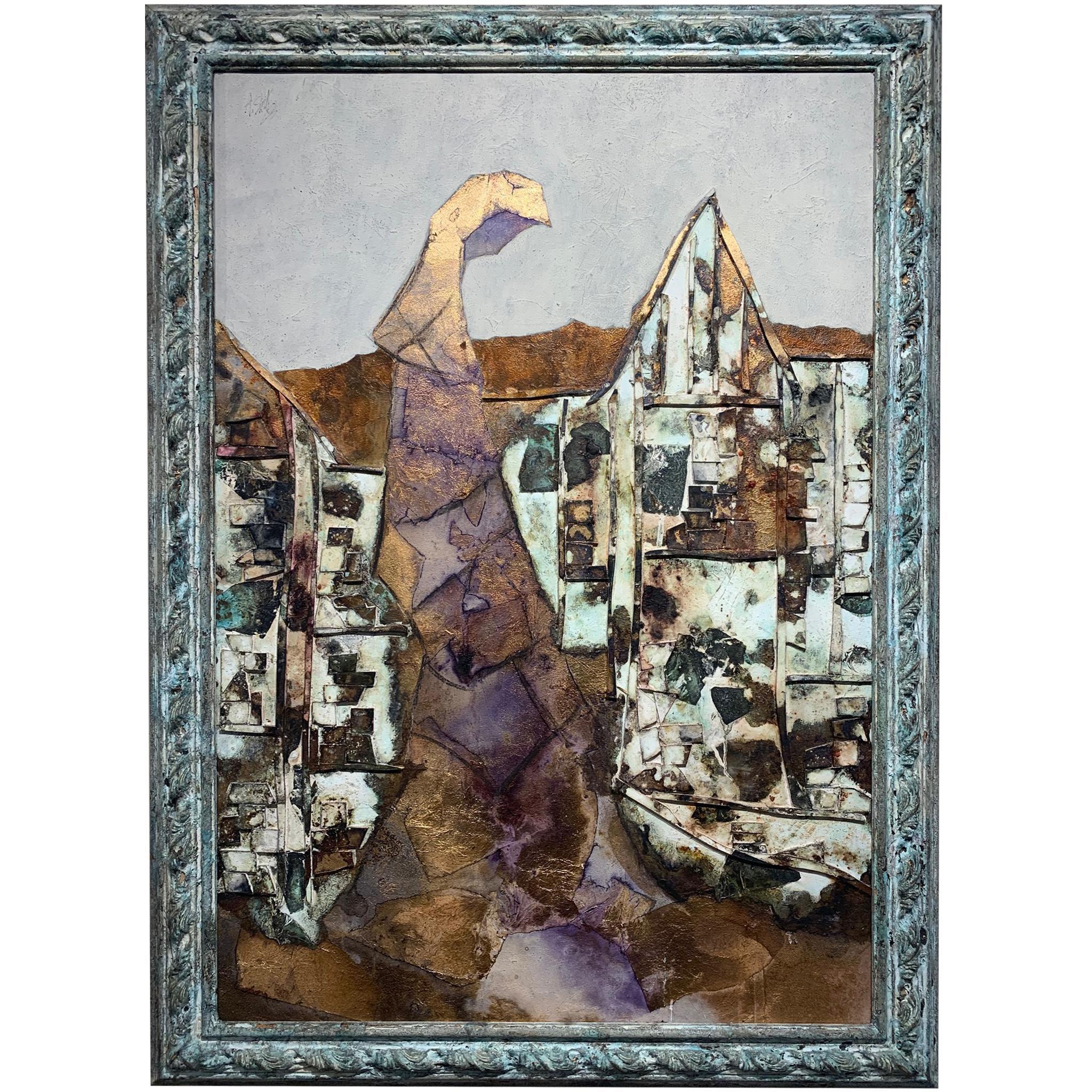 Woman of The Village -Andrea Stella-Figurative Abstract Painting-Mixed Media - Gold Figurative Painting by ANDREA STELLA