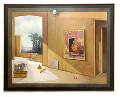 Retro 20th Italian Oil Painting trompe l'oeil Studio Interior Palm Tree Realist Museum