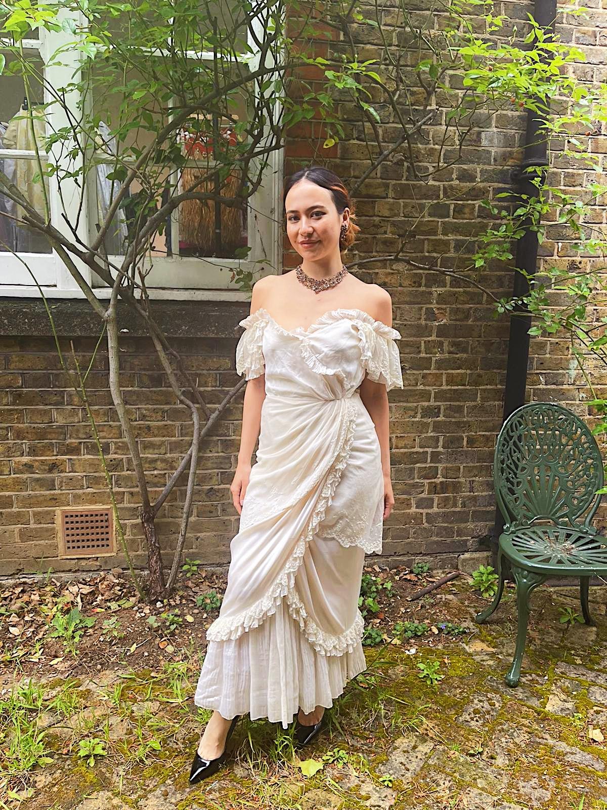 Women's Andrea Wilkin 1970s Silk Ivory Fantasy Bridal Dress in Edwardian Style For Sale