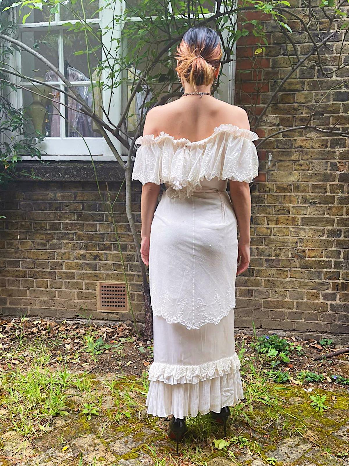 Andrea Wilkin 1970s Silk Ivory Fantasy Bridal Dress in Edwardian Style For Sale 1