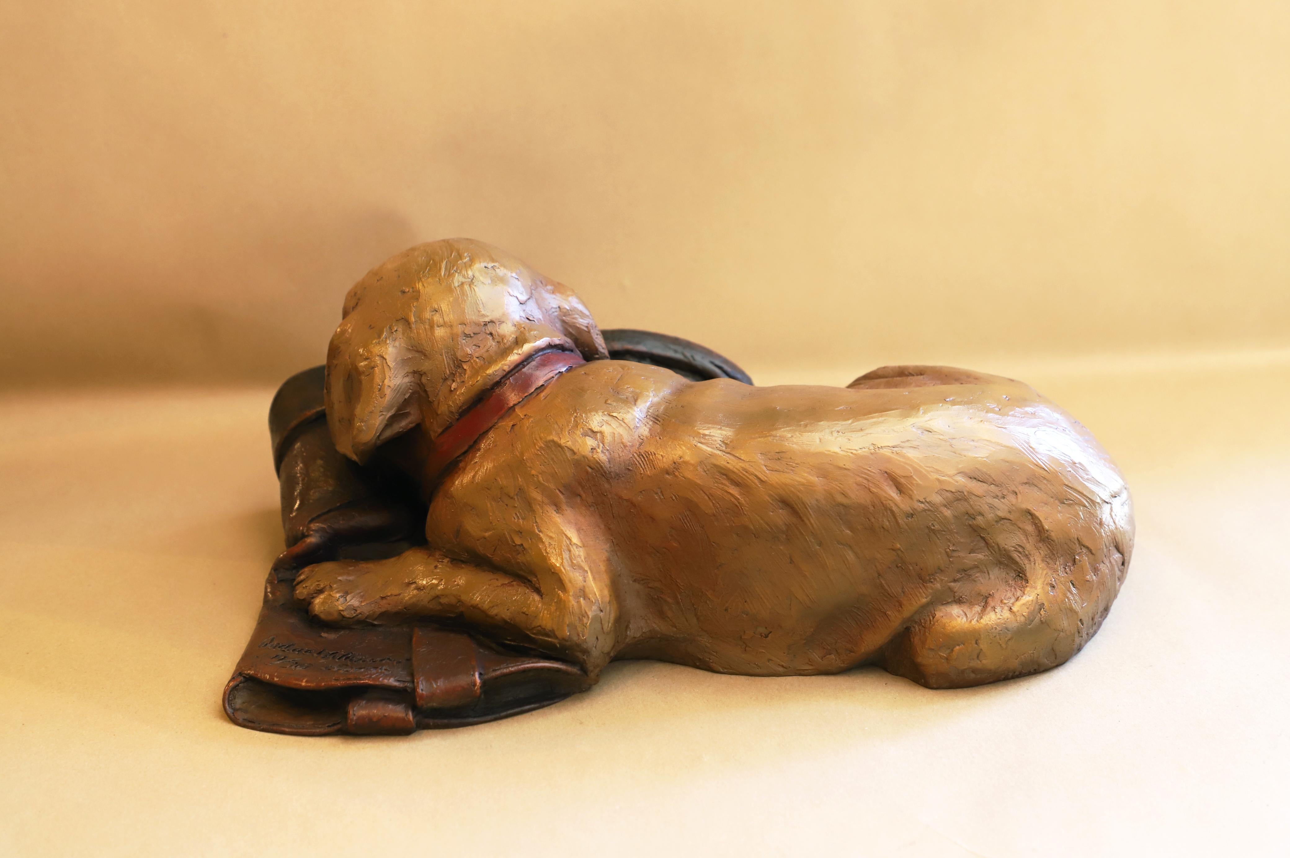 L'ora del pisolino (Cucciolo su uno stivale) - Sculpture Realismo di Andrea Wilkinson