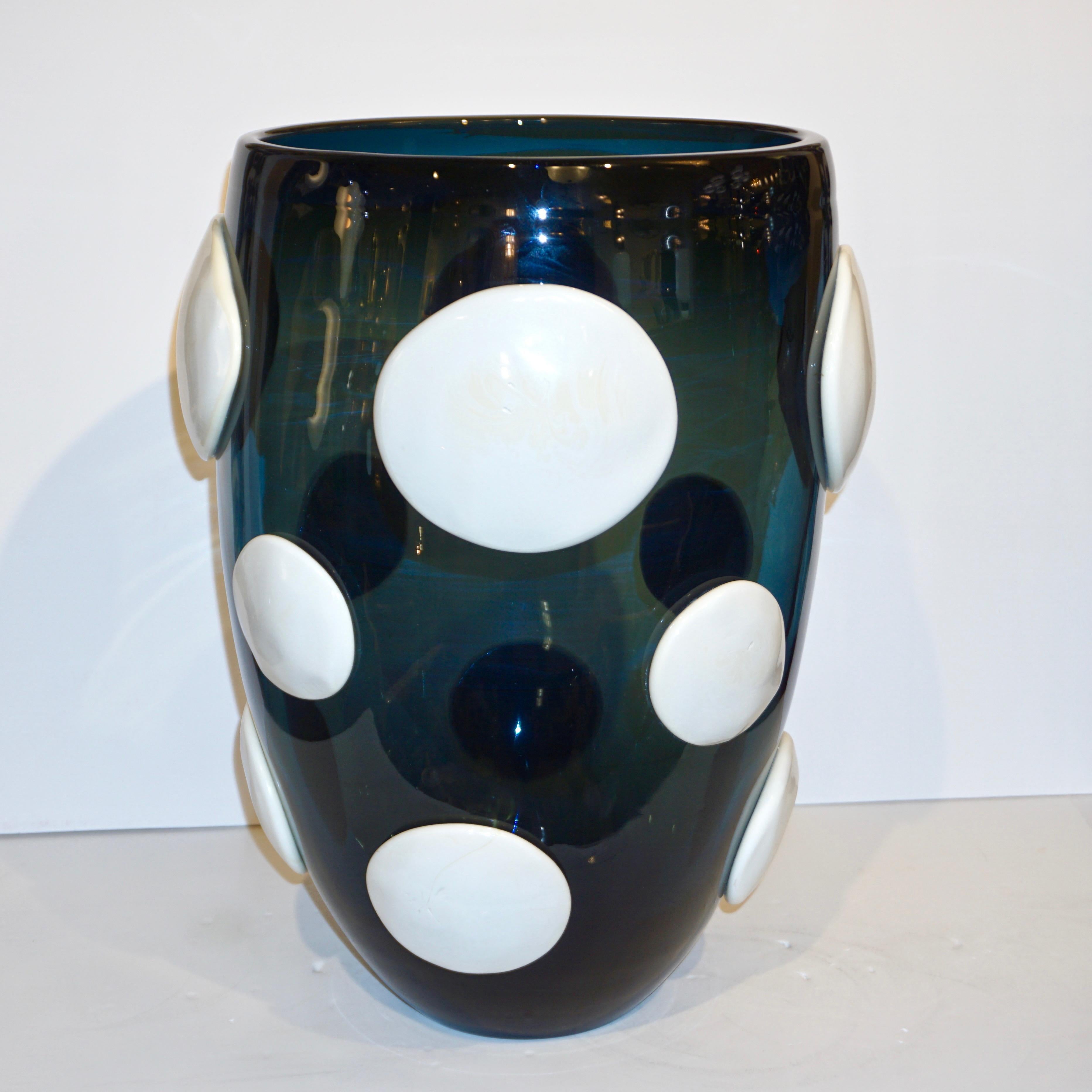 Italian Andrea Zilio Monumental Avio Blue Murano Glass Modern Vase with White Polka Dots