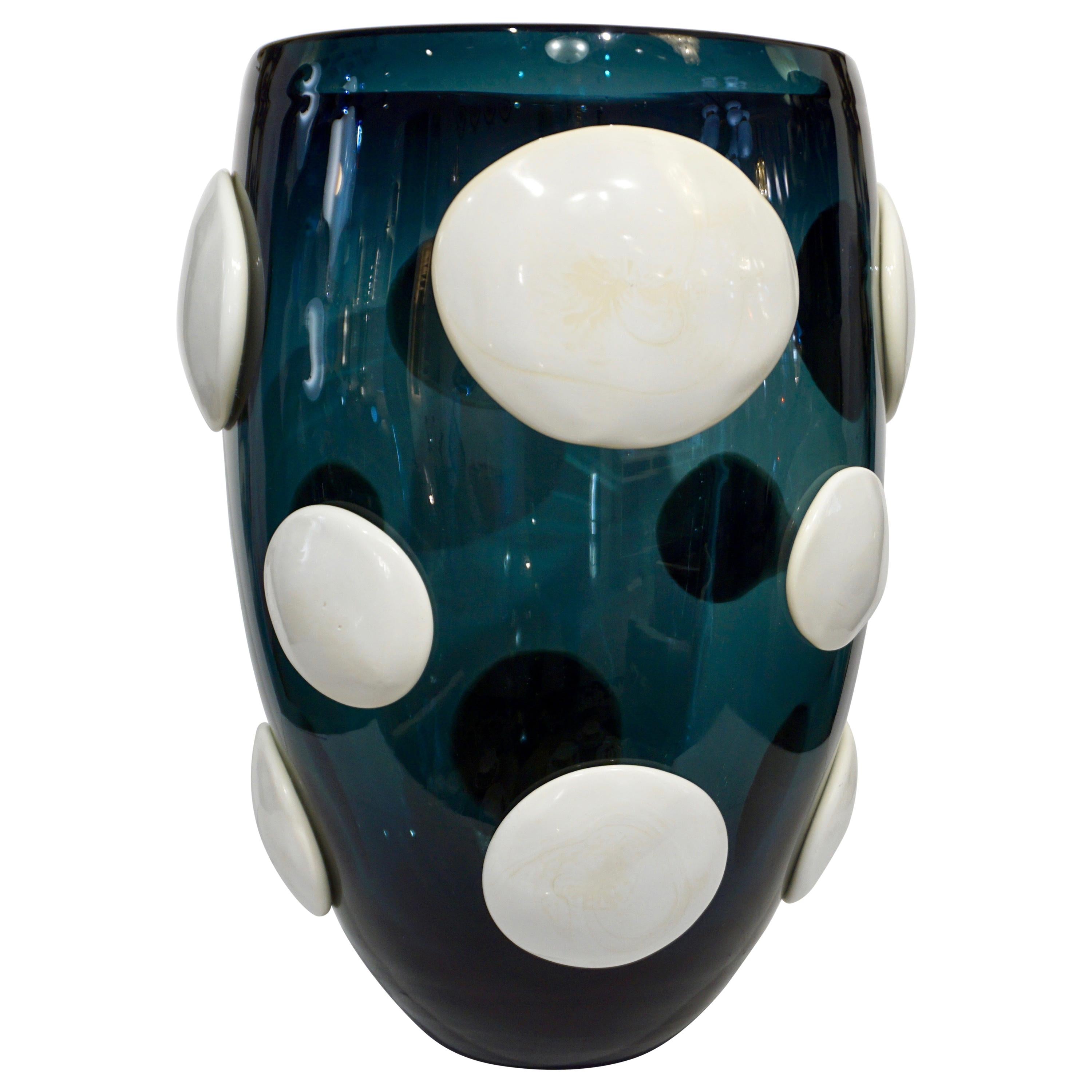 Andrea Zilio Monumental Avio Blue Murano Glass Modern Vase with White Polka Dots