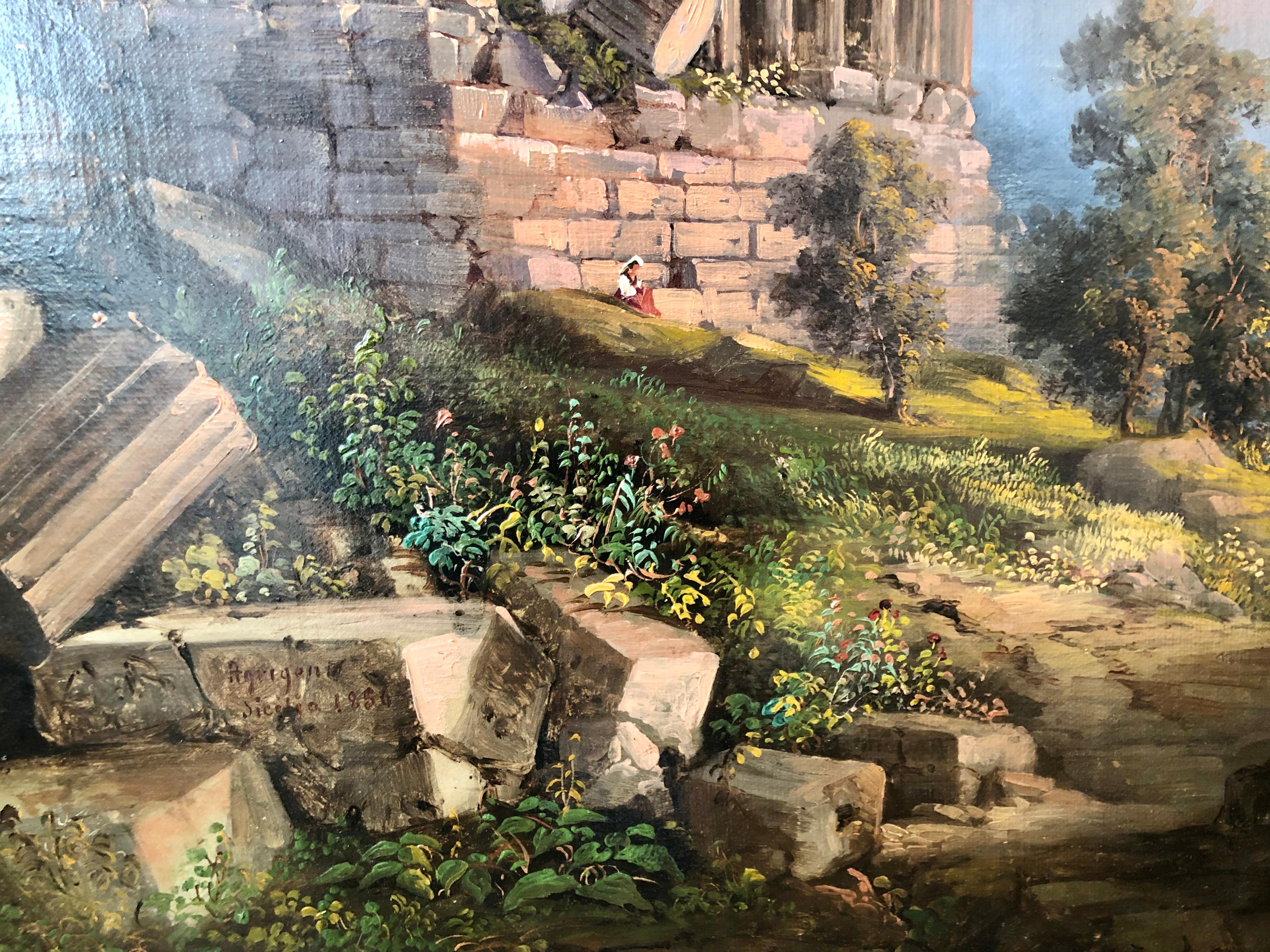 Huge 19th century romantic painting depicting a sunset over the Temple Valley in Agrigento, Italy

This magnificent painting depicts the famous Temple Valley in Sicily. We have visited the site to find out from which viewpoint the painter painted