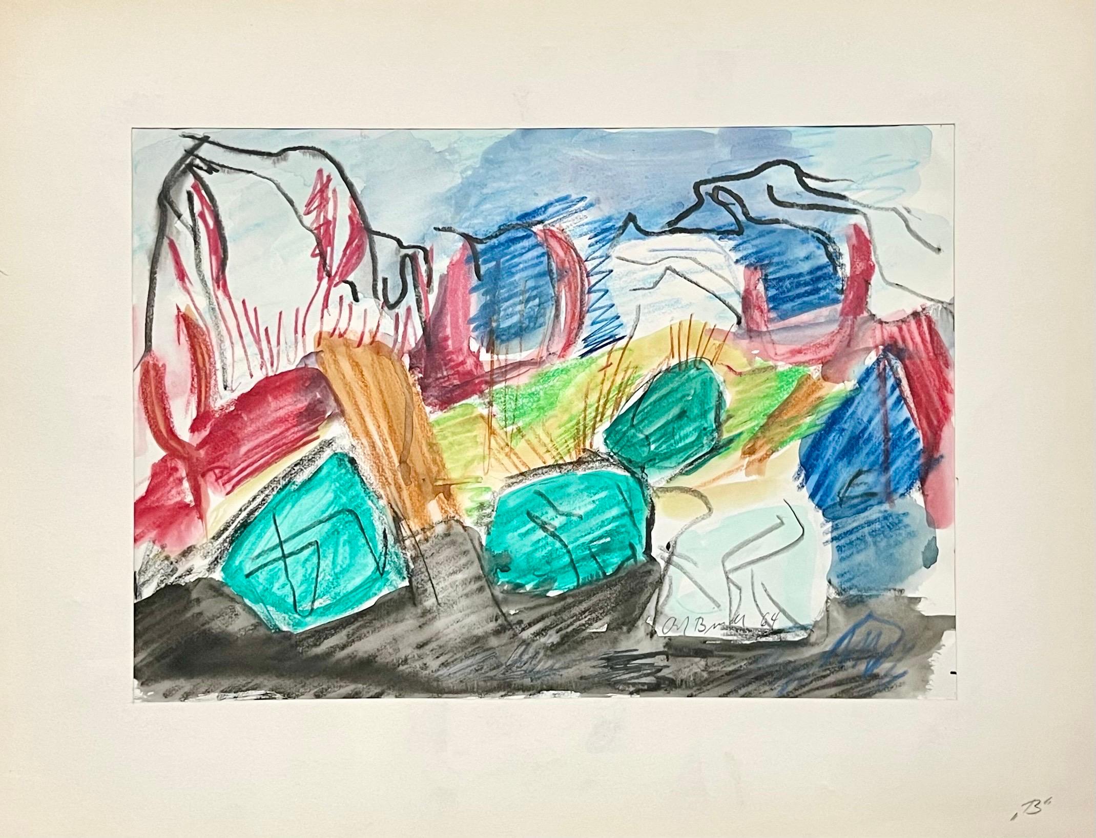 German Abstract Colorful Watercolor Painting Crayon Drawing Andreas Bindl For Sale 1