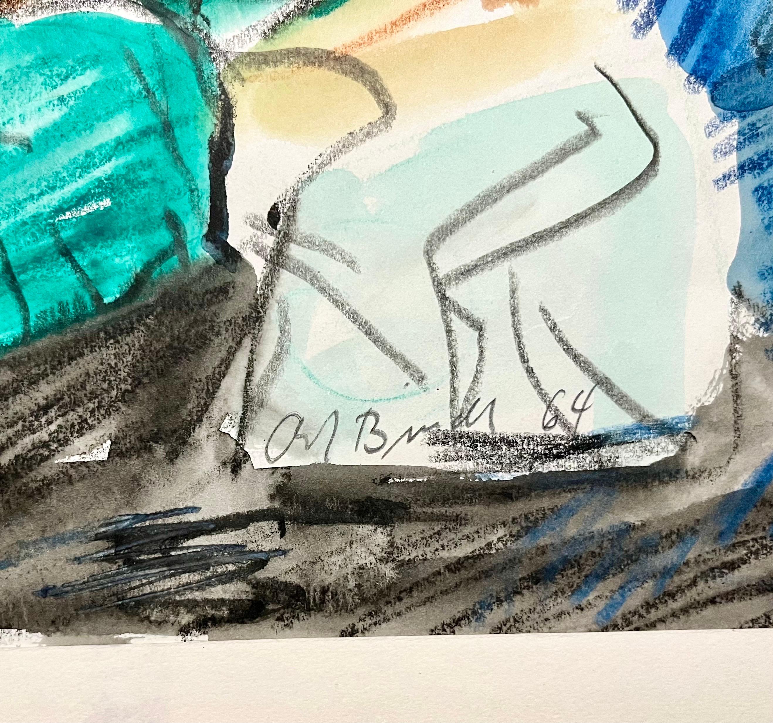 German Abstract Colorful Watercolor Painting Crayon Drawing Andreas Bindl For Sale 2
