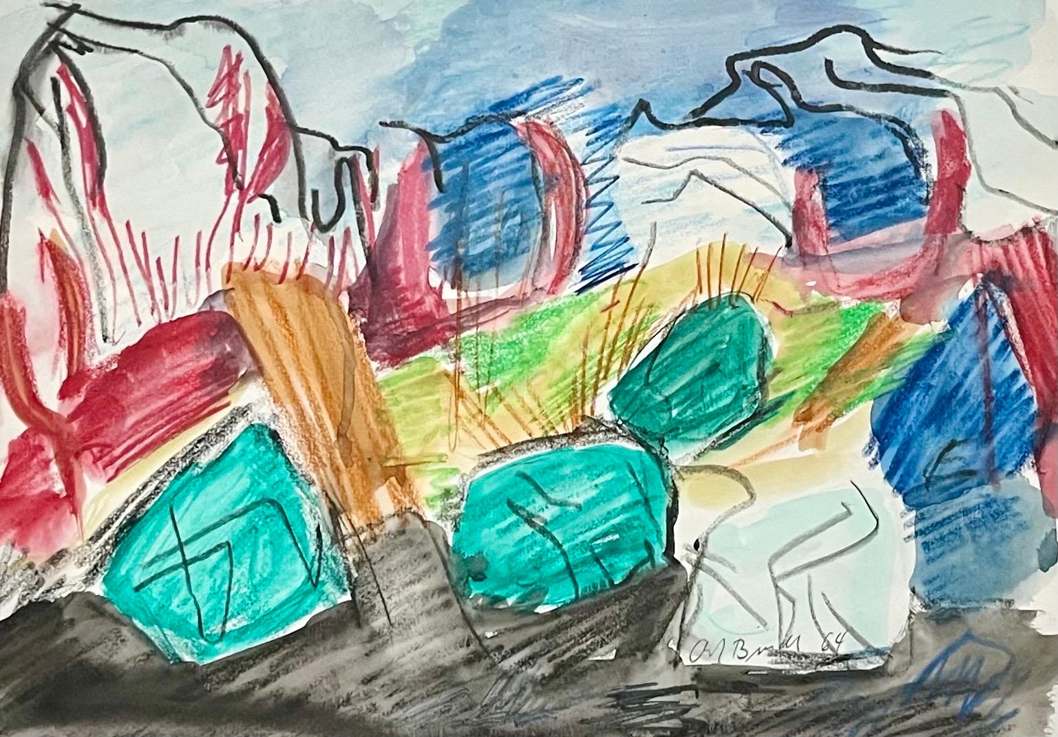German Abstract Watercolor and Crayon Painting by Andreas Bindl (1928)
This is a signed watercolor and crayon abstract cubist landscape painting by artist Andreas Bindl (German, 1928-2010). Dated 1964. 
The mat is 21 3/4 x 15 3/4". The painting