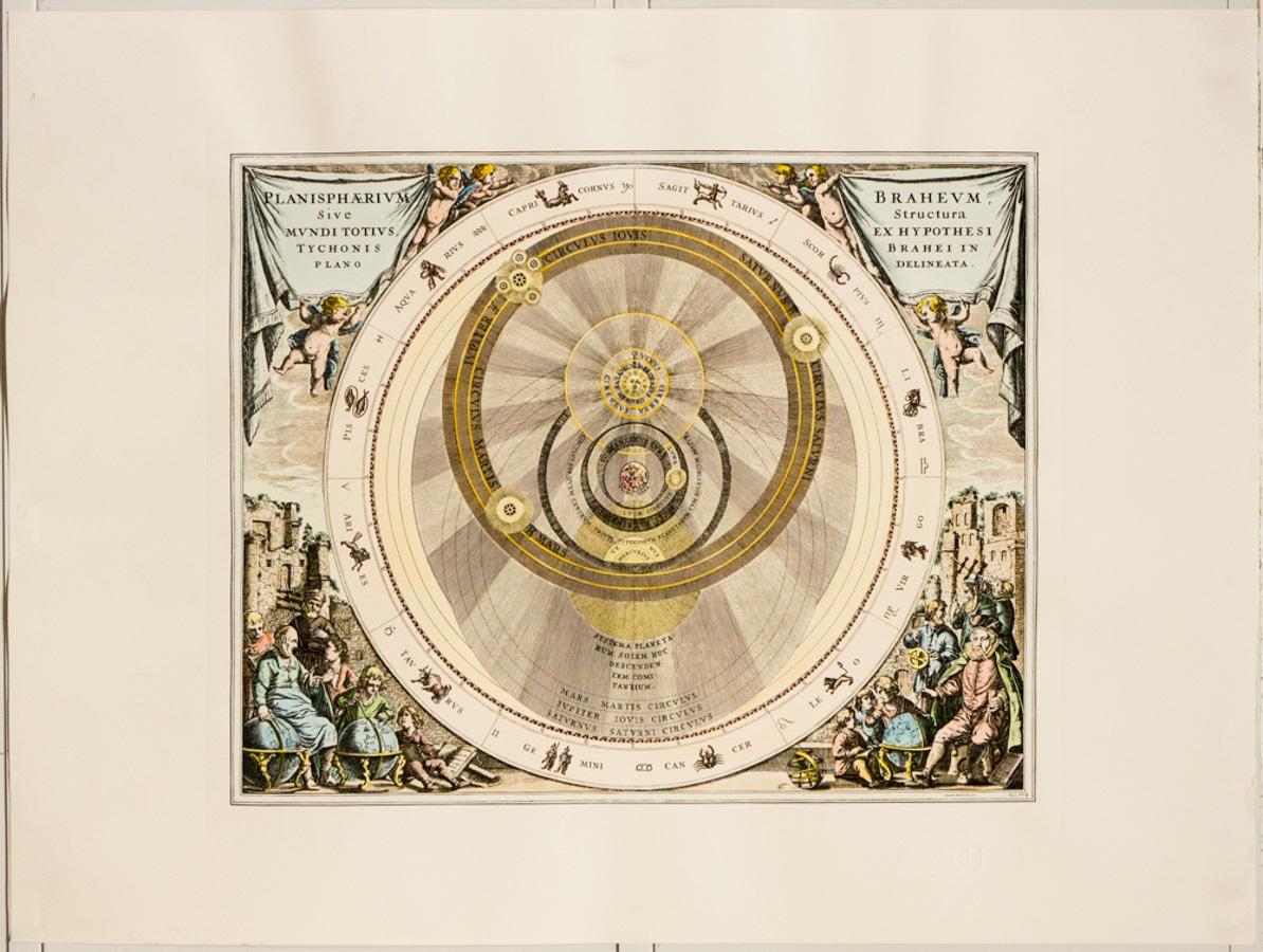 Andreas Cellarius Abstract Print – Planisphaerivm Brahevm, Sive Structura Mvndi Totivs